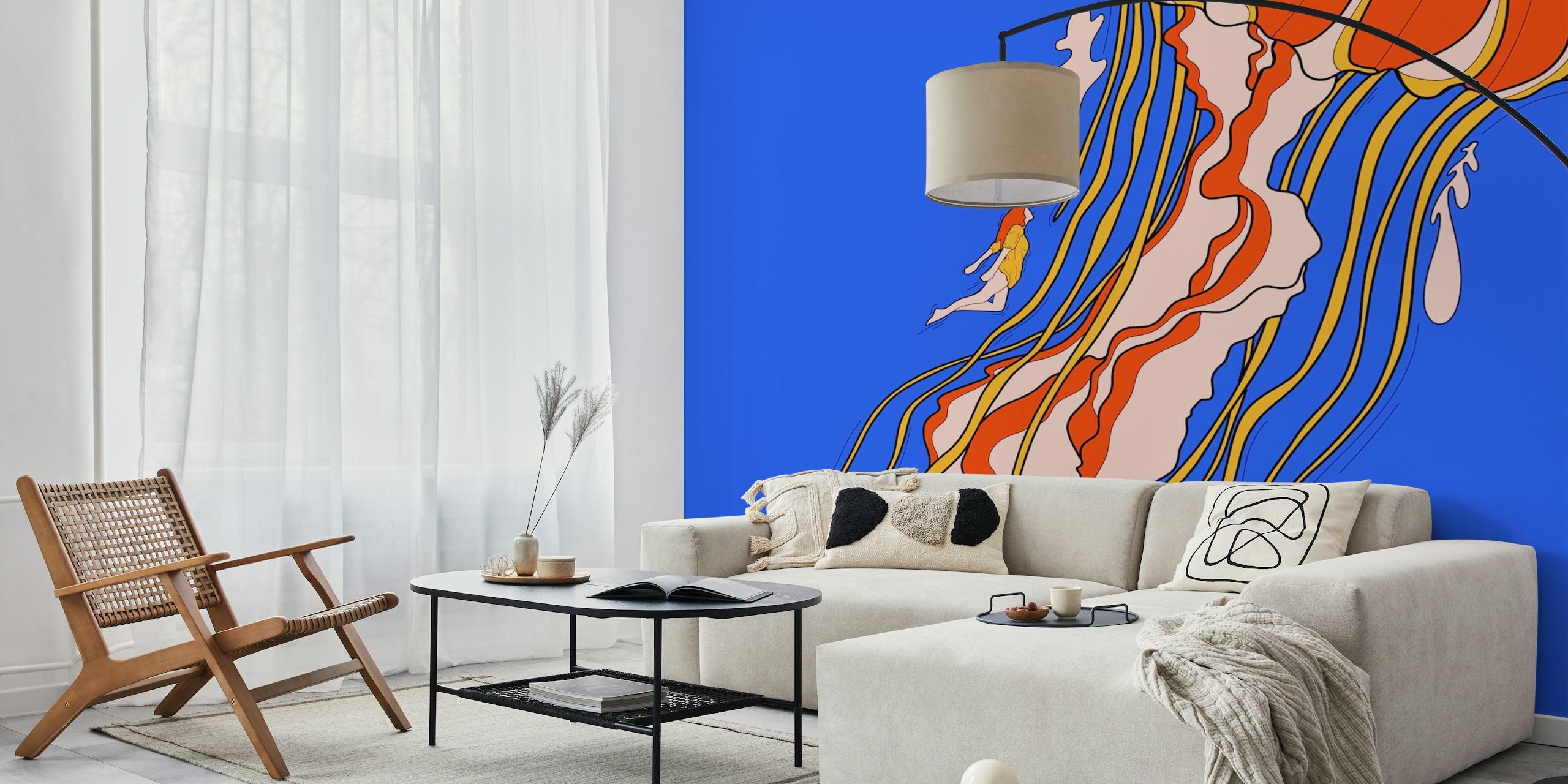 Giant jellyfish wallpaper in a room setting