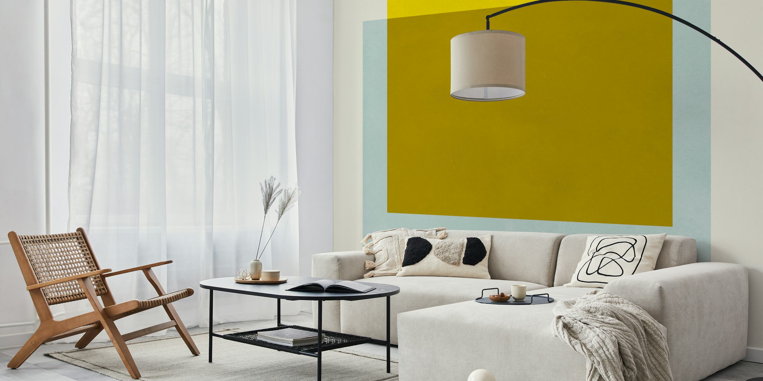 Fotomural de arte contemporáneo abstracto con formas geométricas en amarillo y dorado sobre un fondo azul claro