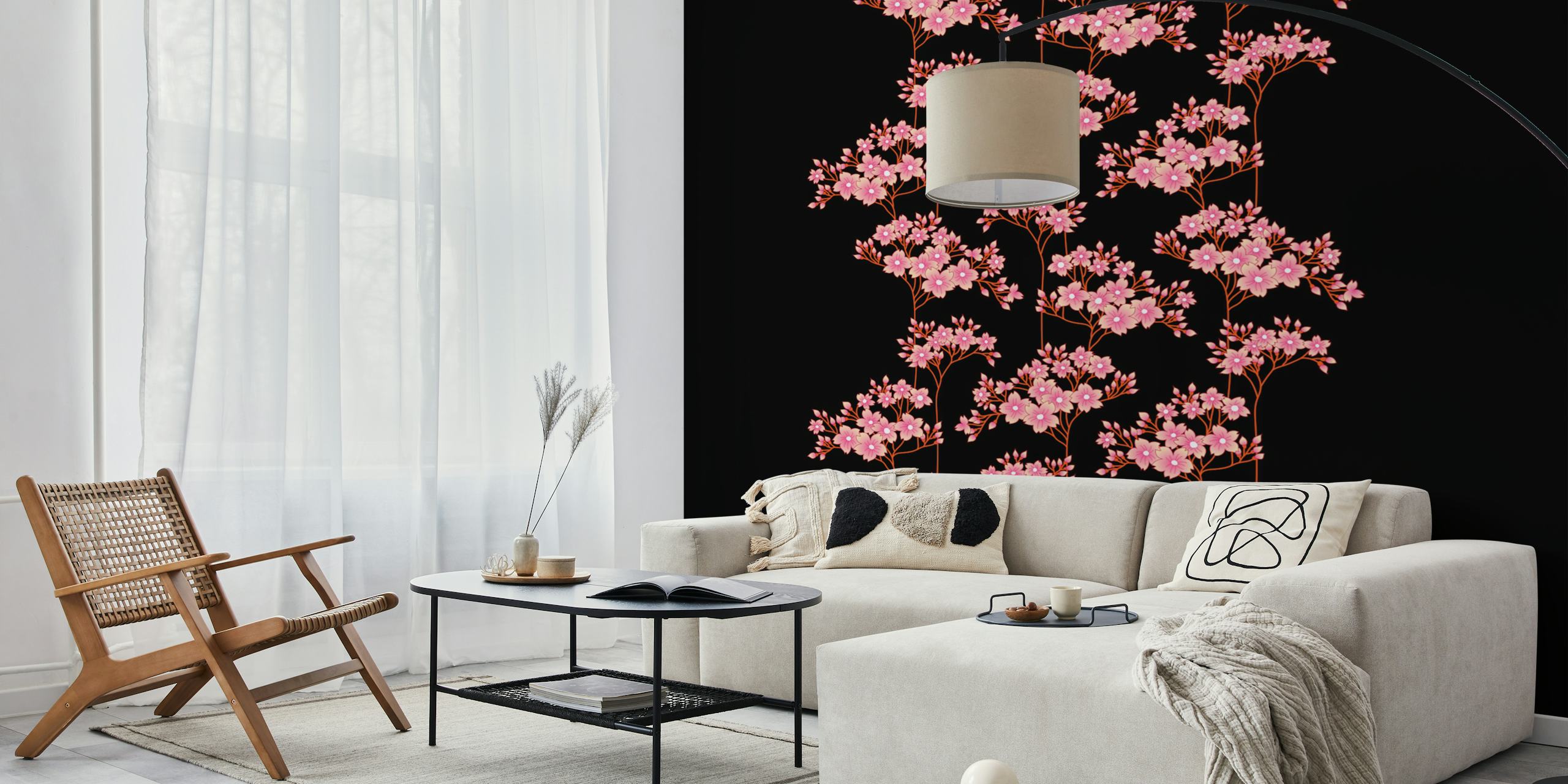 Ταπετσαρία Pink Blossoms σε μαύρο φόντο