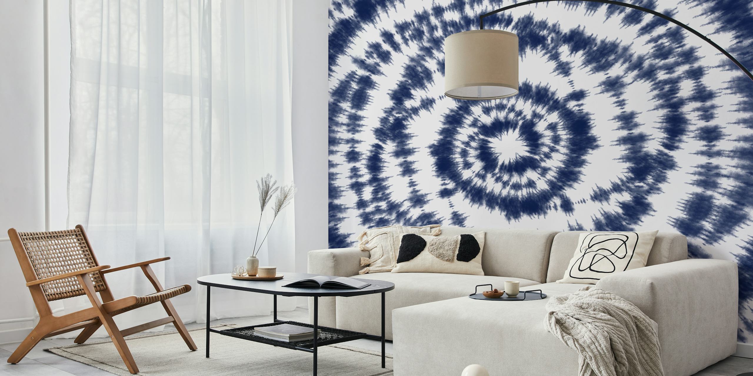 Navy blue and white spiral tie-dye wallpaper design