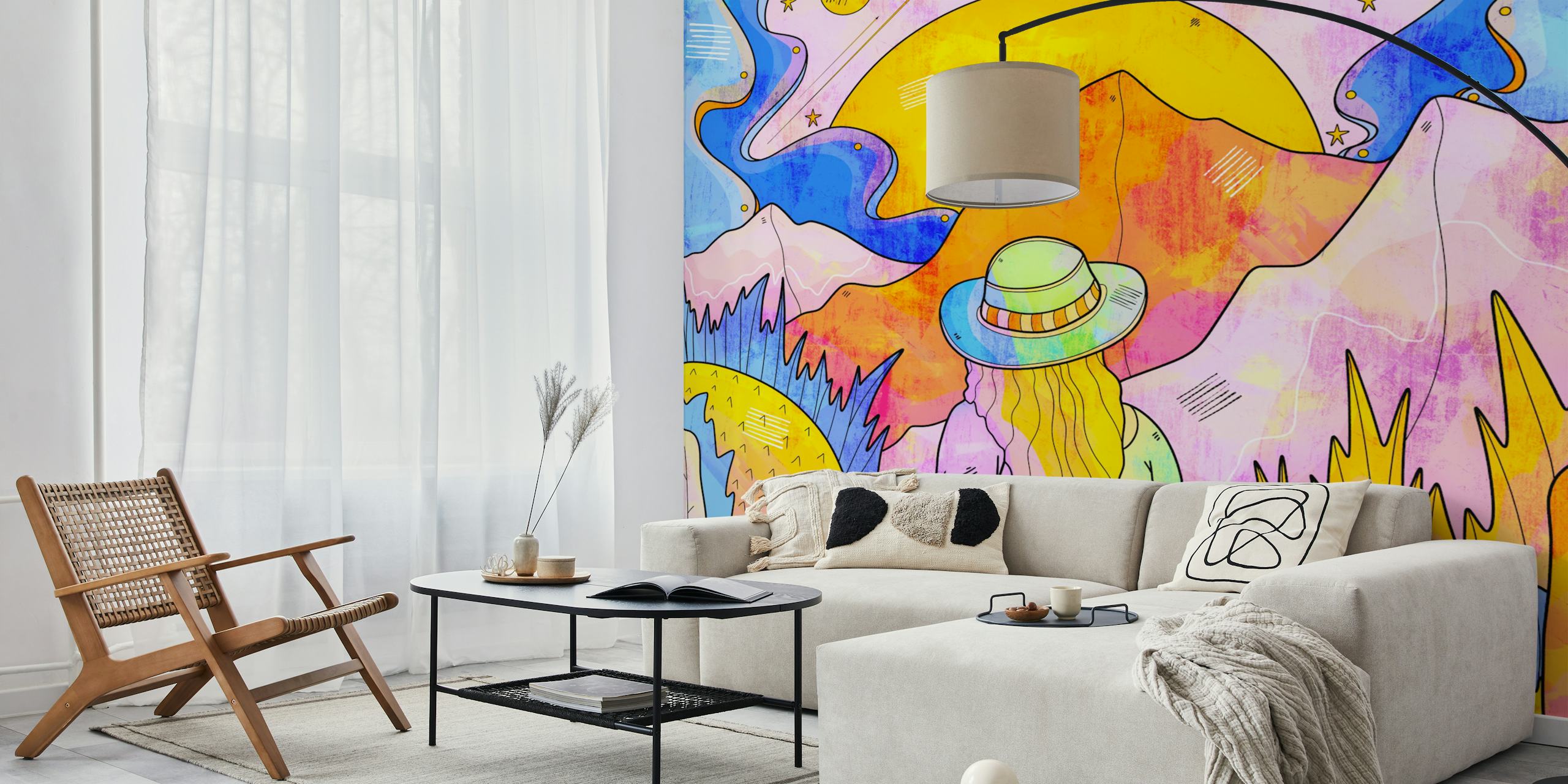 Colorful vibrant planet wanderer wallpaper in a room