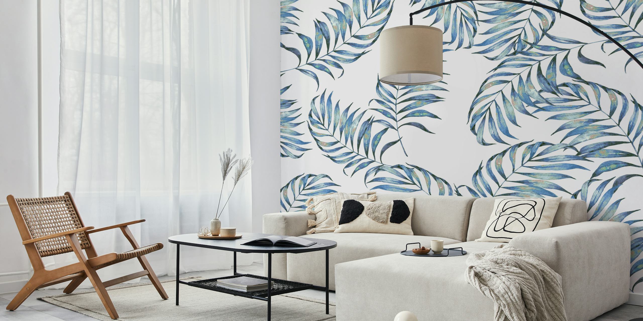 Blue tropical leaves design on white background wallpaper