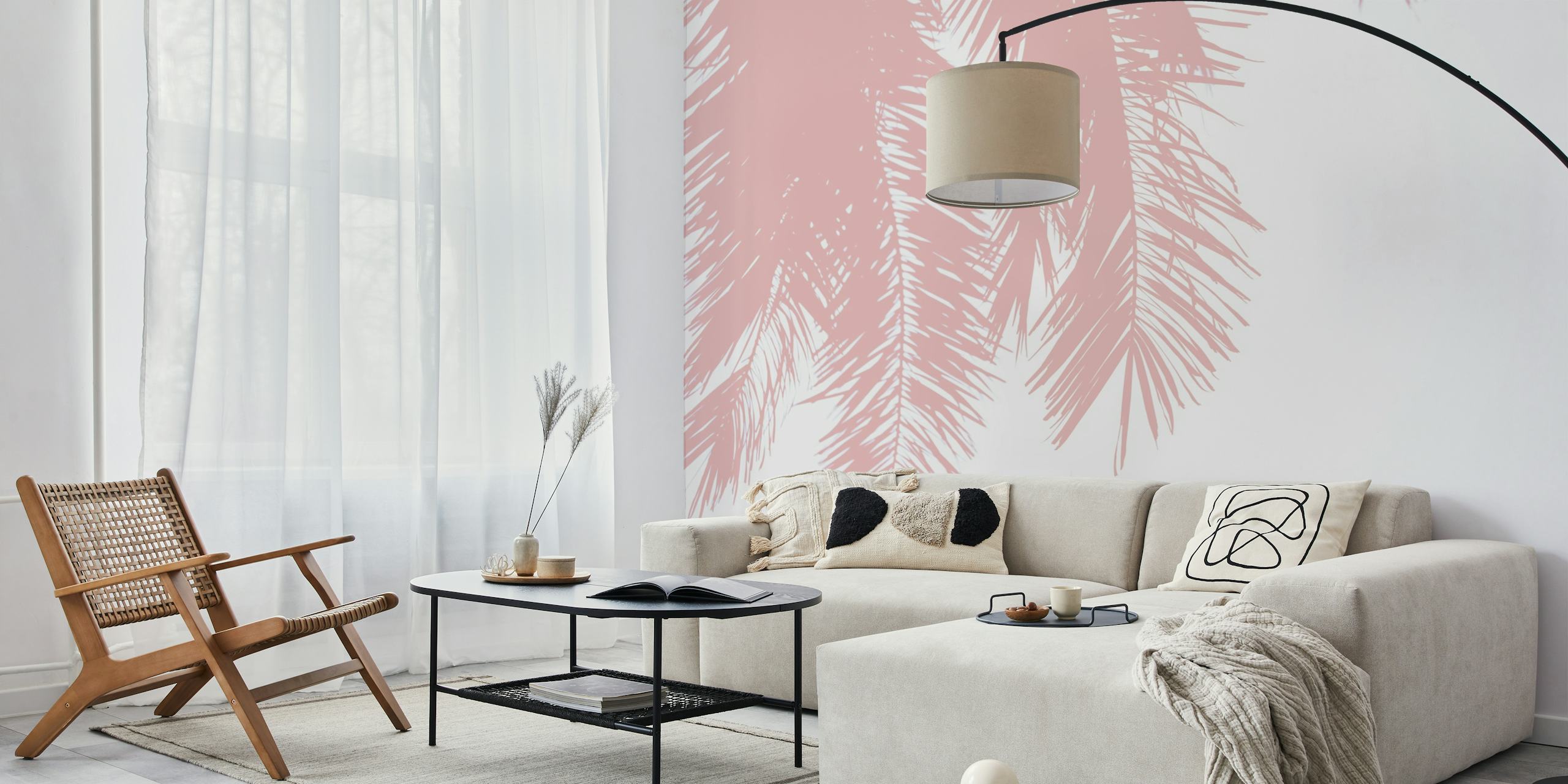 Tree Palm Leaves in Pastel Pink ταπετσαρία σε δωμάτιο