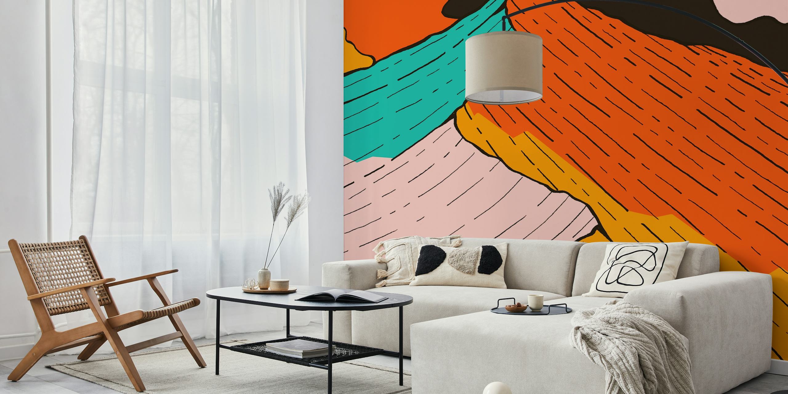 Abstract mountain design with orange, teal, and pink colors wallpaper
