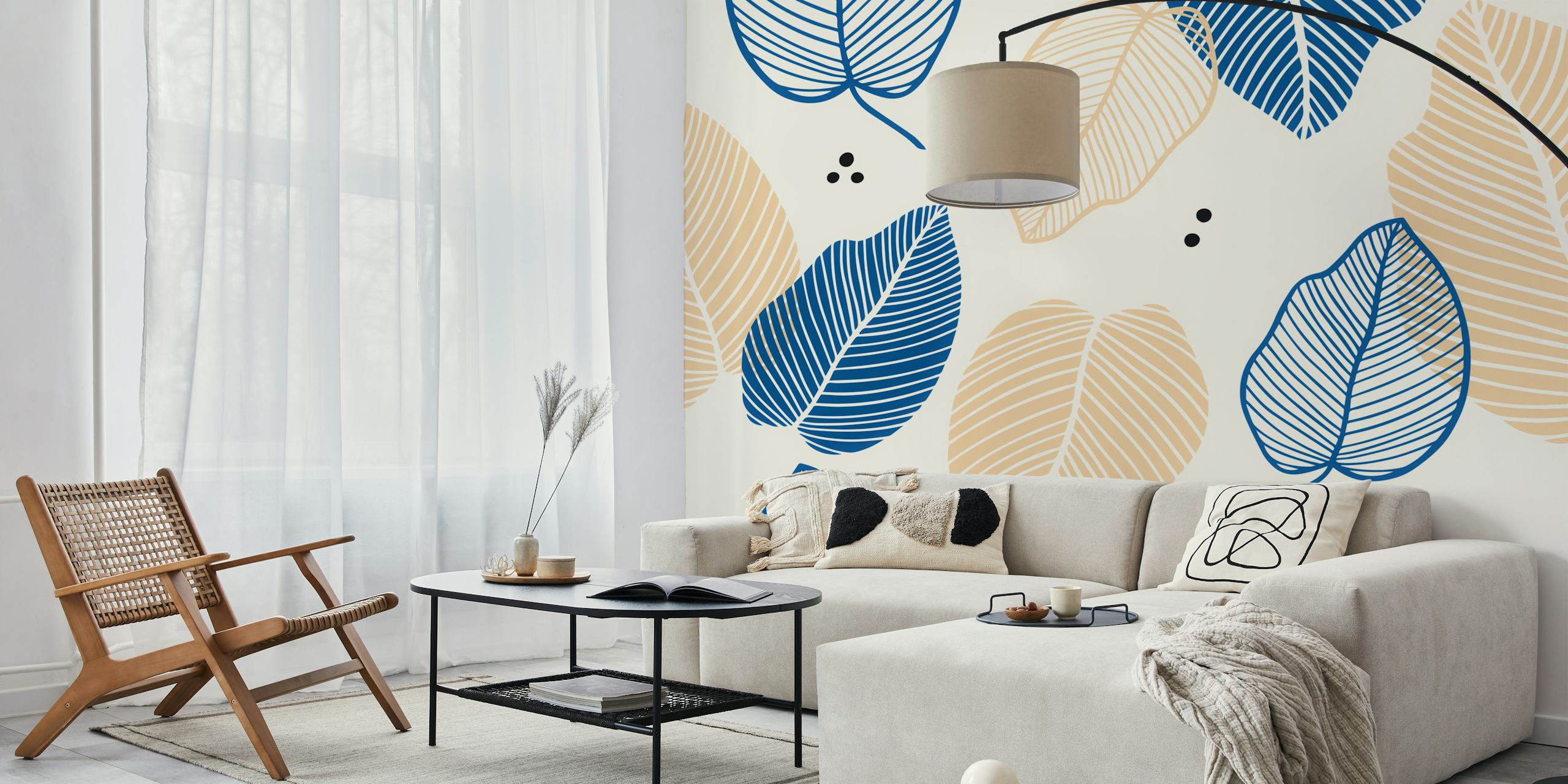 Leaves in blue and beige on a light background, mid-century style wallpaper
