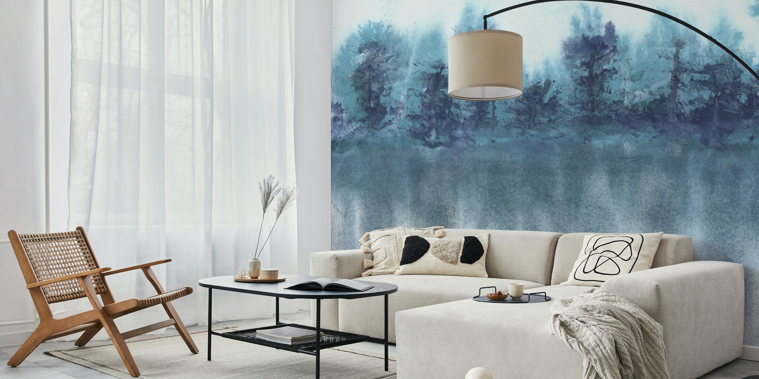 Watercolor dark blue forest wallpaper with soft greens and grays
