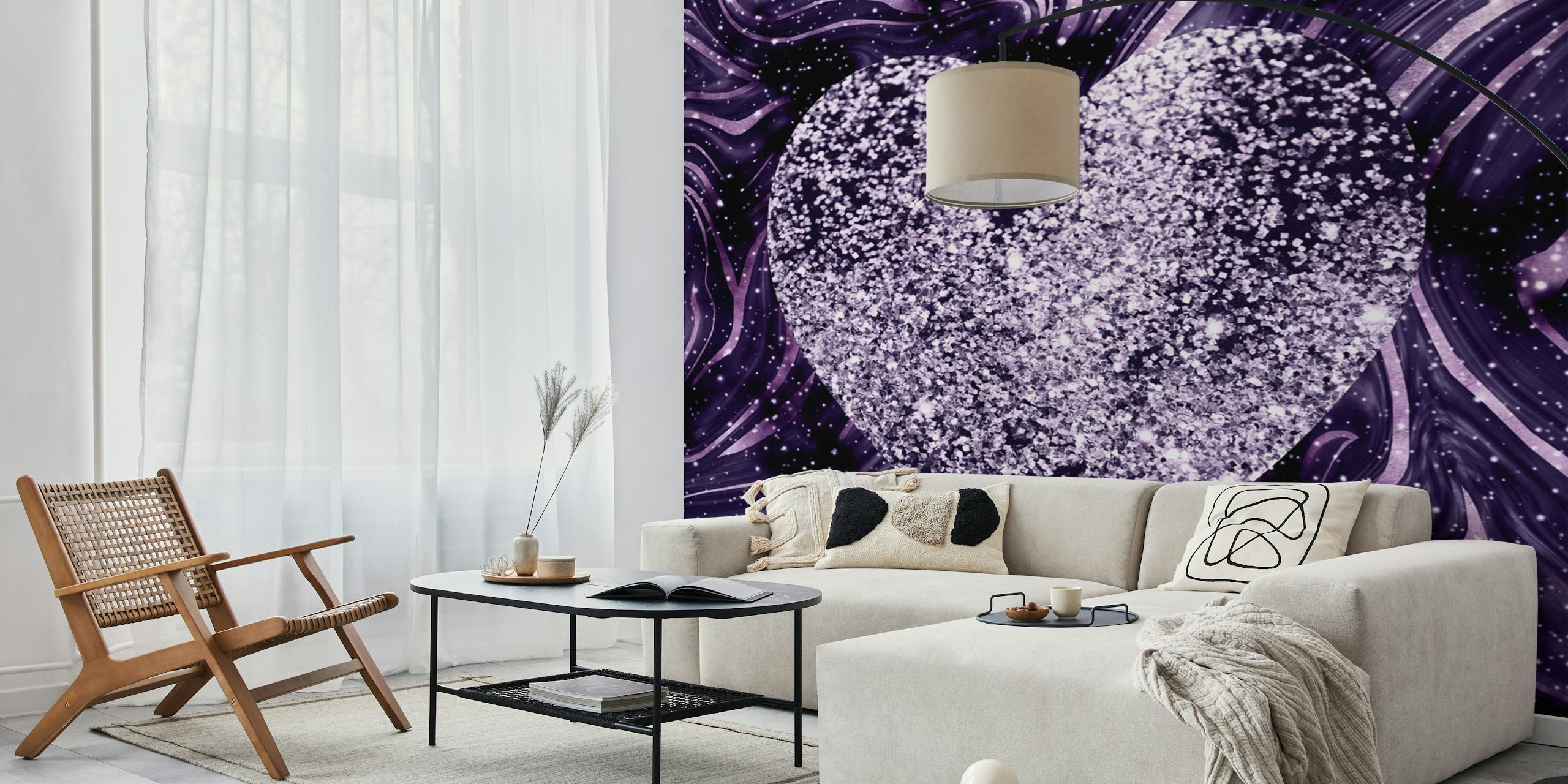 Glitter heart design against a swirling purple background wallpaper