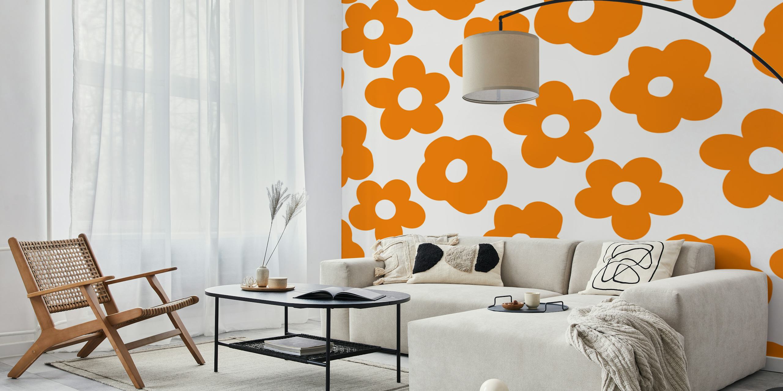 Carta Da Parati Retro Daisies Vermillion Orange Mostrata