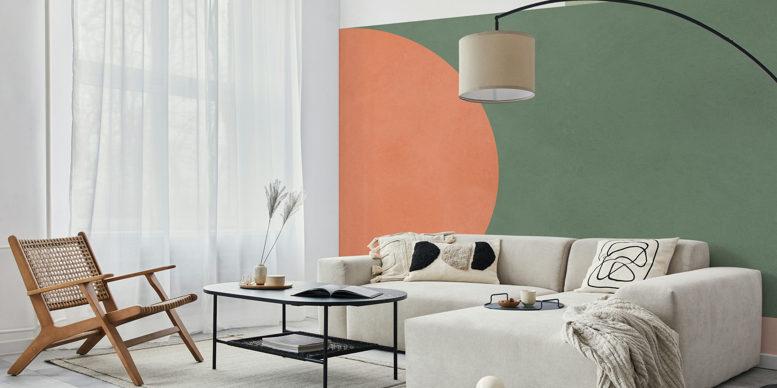 Abstract geometric shapes in green, coral, white on textured wallpaper