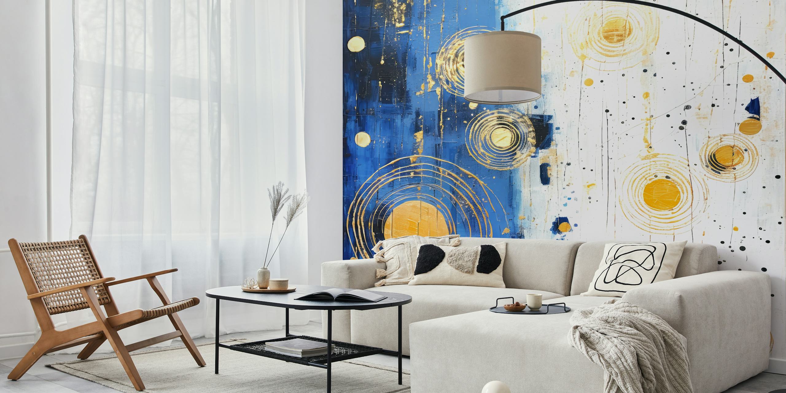 Abstract, op de kosmos geïnspireerd fotobehang met cirkels en spatten in blauw en goud