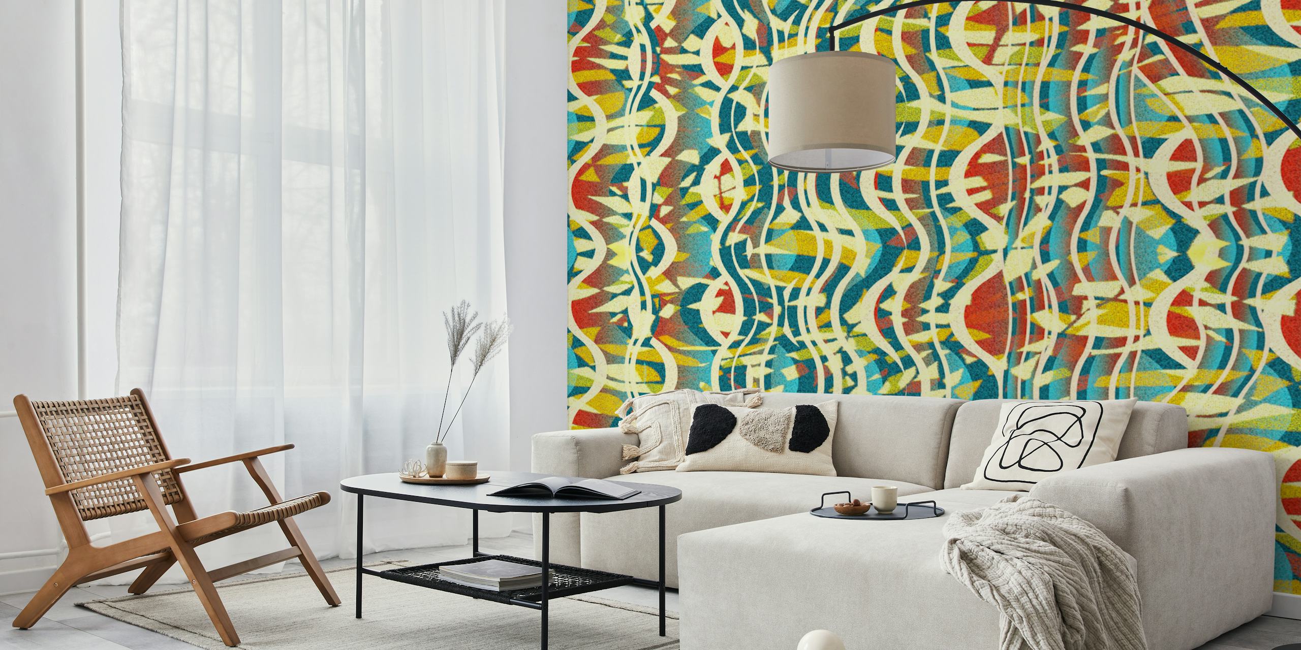 Colorful geometric patterns in red, blue, yellow wallpaper