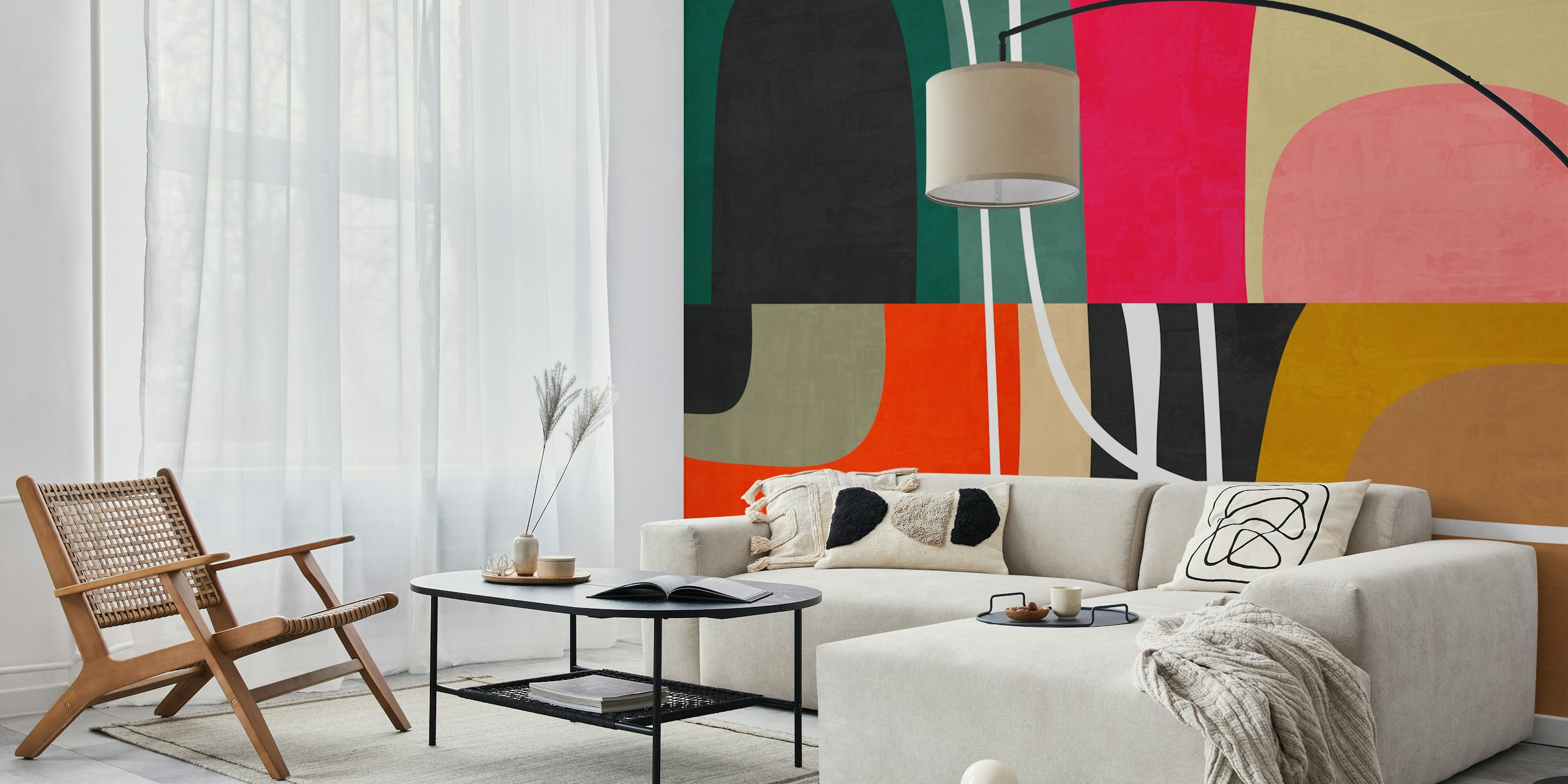 Moderni apstraktni geometrijski oblici srednjeg stoljeća zidni mural s toplim zemljanim tonovima i živim bojama