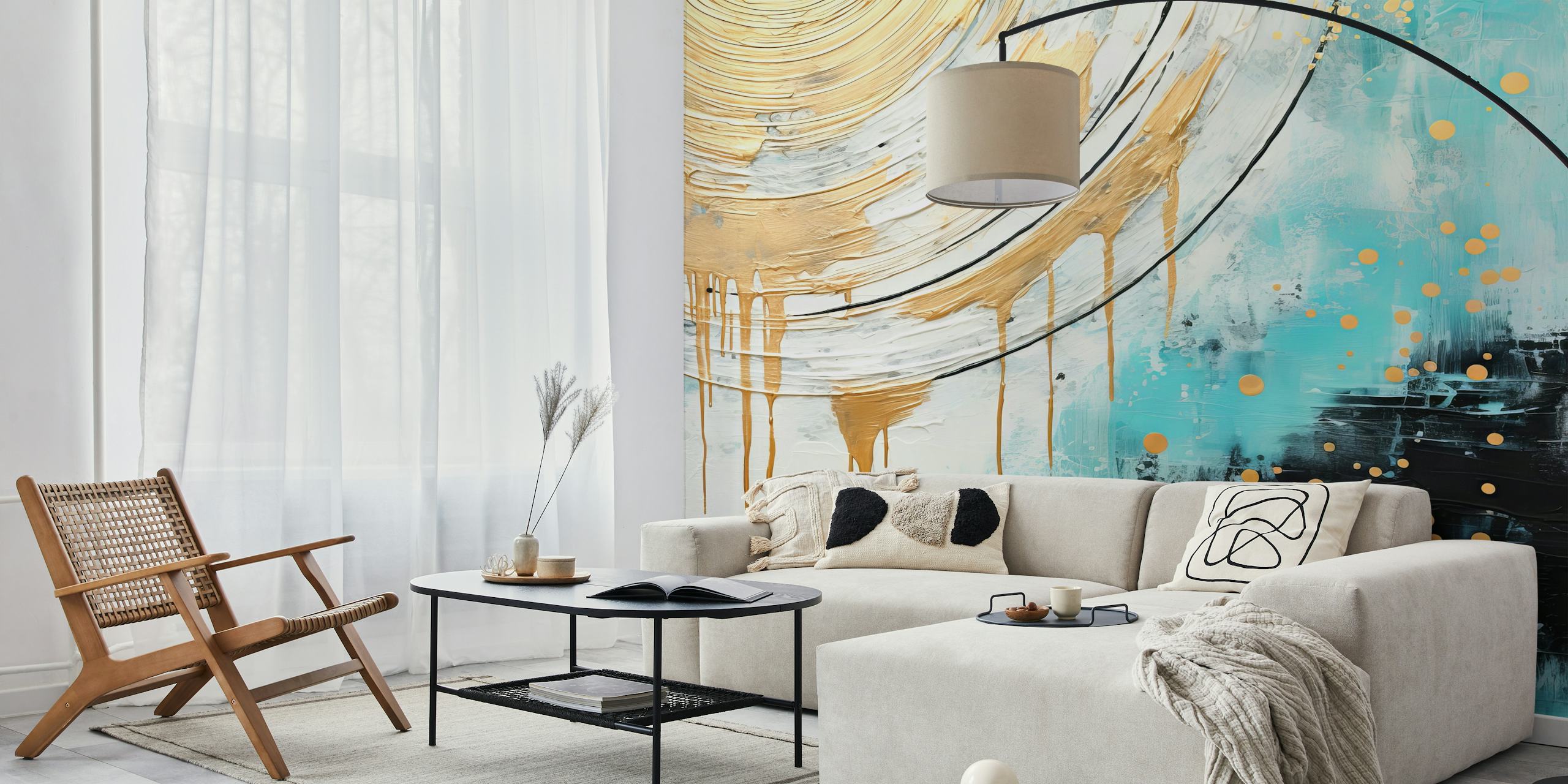 Melting sun abstract art wallpaper in a room
