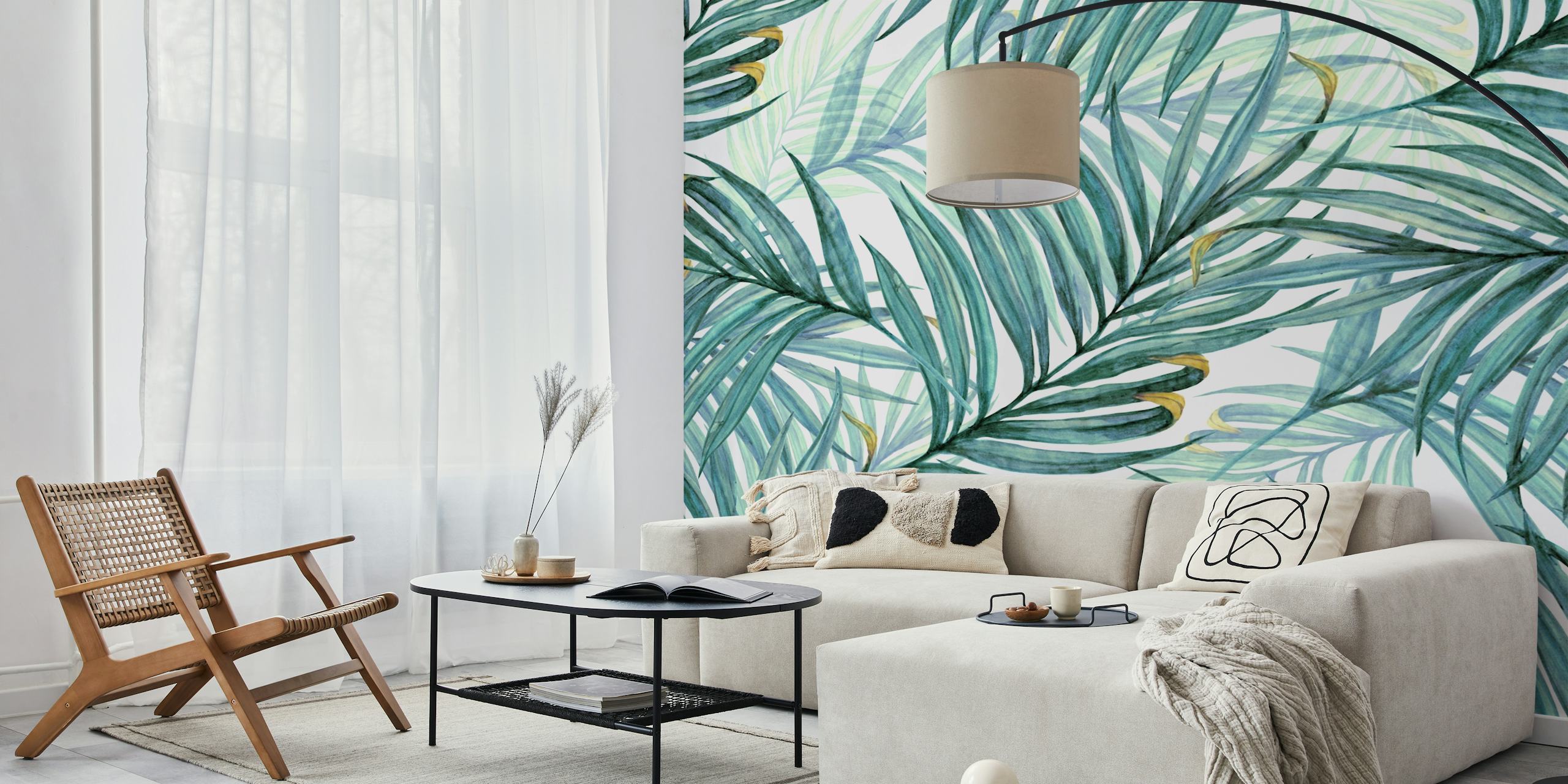 Palm Leaves Jumbo blågrøn vægmaleri med overdimensionerede palmebladsillustrationer i beroligende nuancer