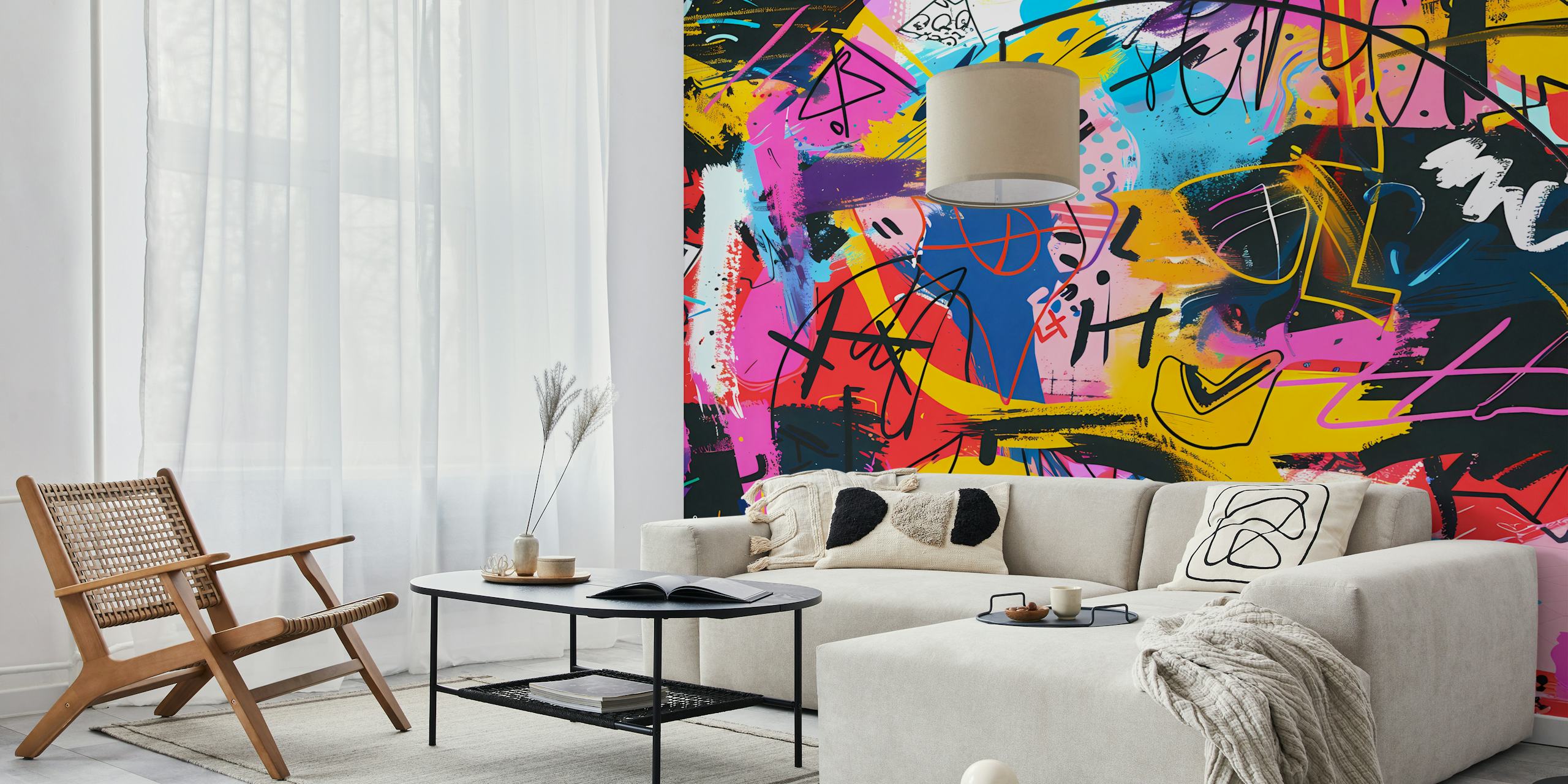 Colorful abstract graffiti patterns in pink, blue, and yellow wallpaper