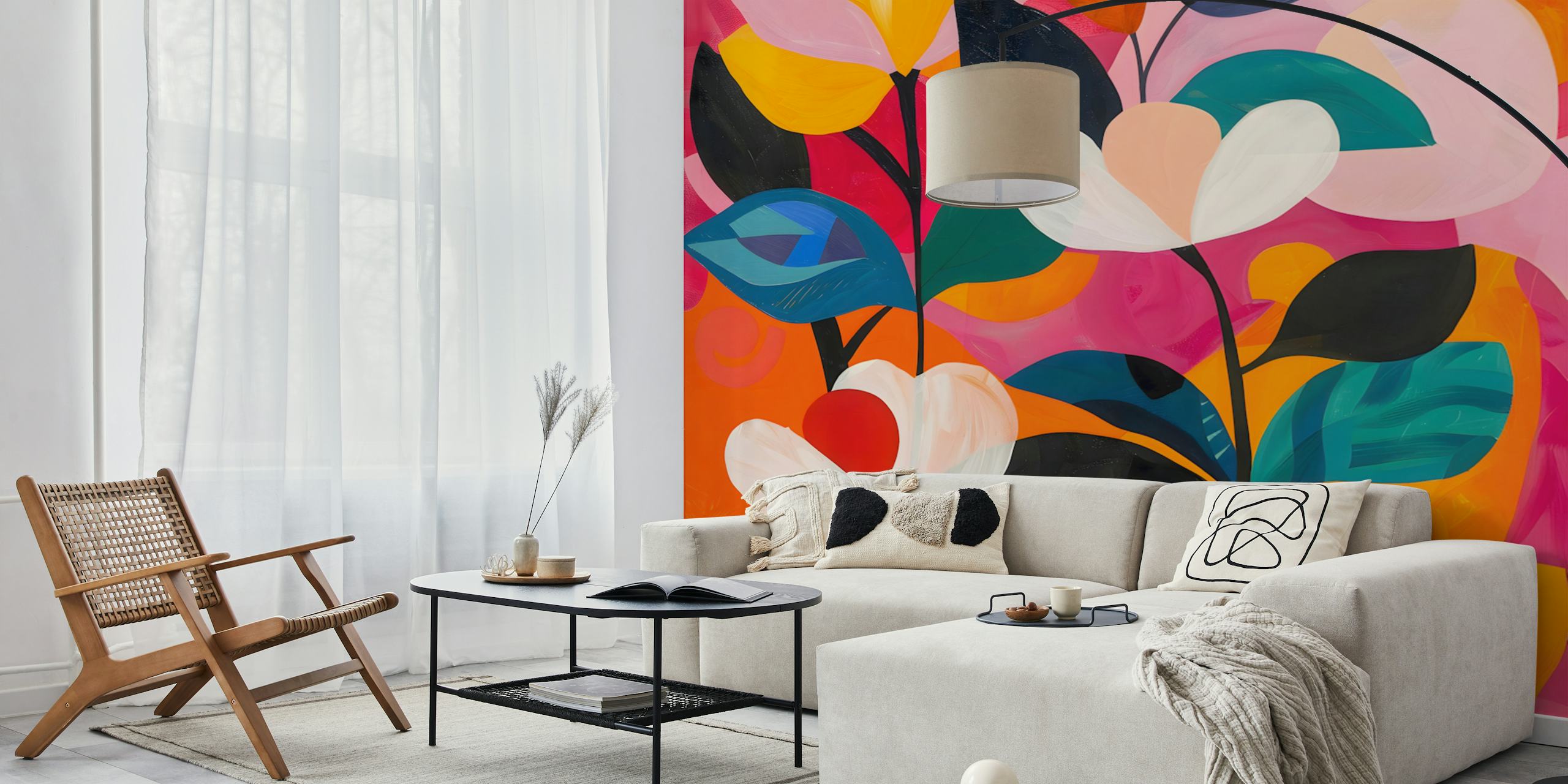 Vibrant floral wallpaper in a room