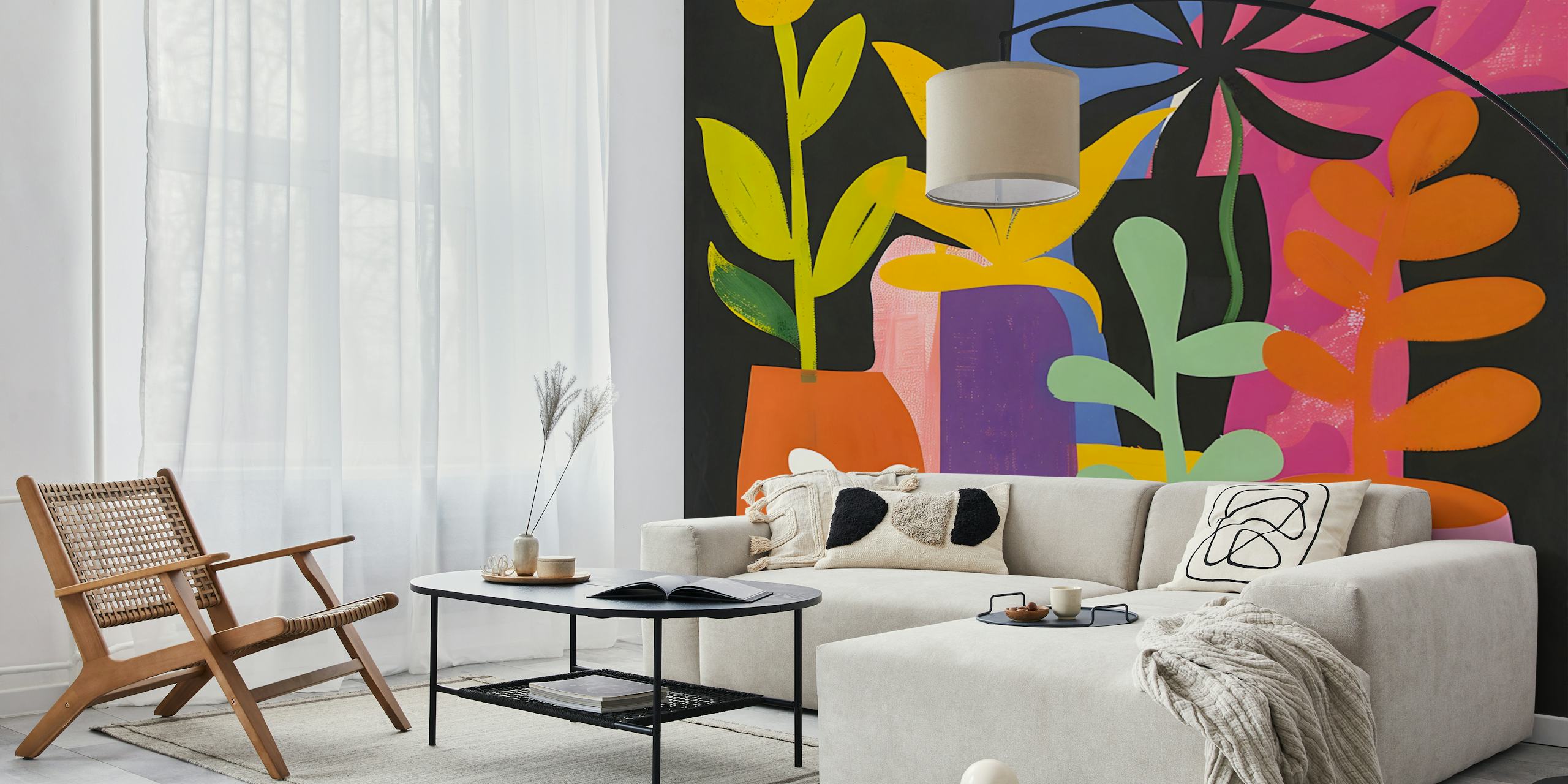 bunte Pflanzen in Töpfen auf schwarzem Hintergrund, moderne Tapete