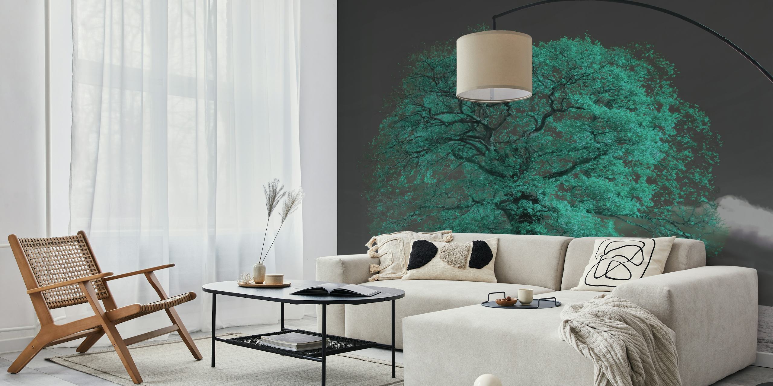 Teal tree silhouette against a monochrome background wallpaper