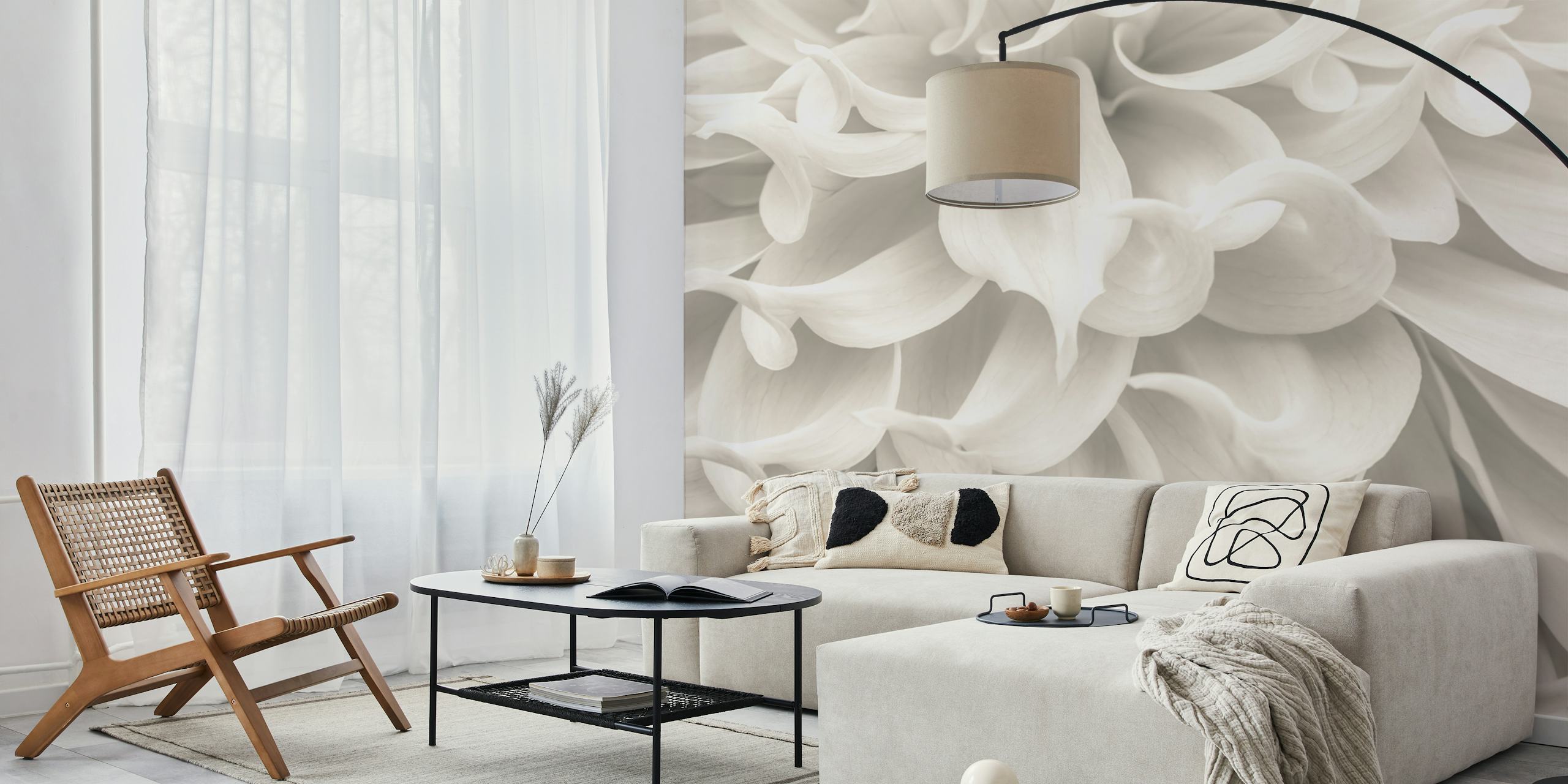 White dahlia petals floral wallpaper, soft curves, elegant style
