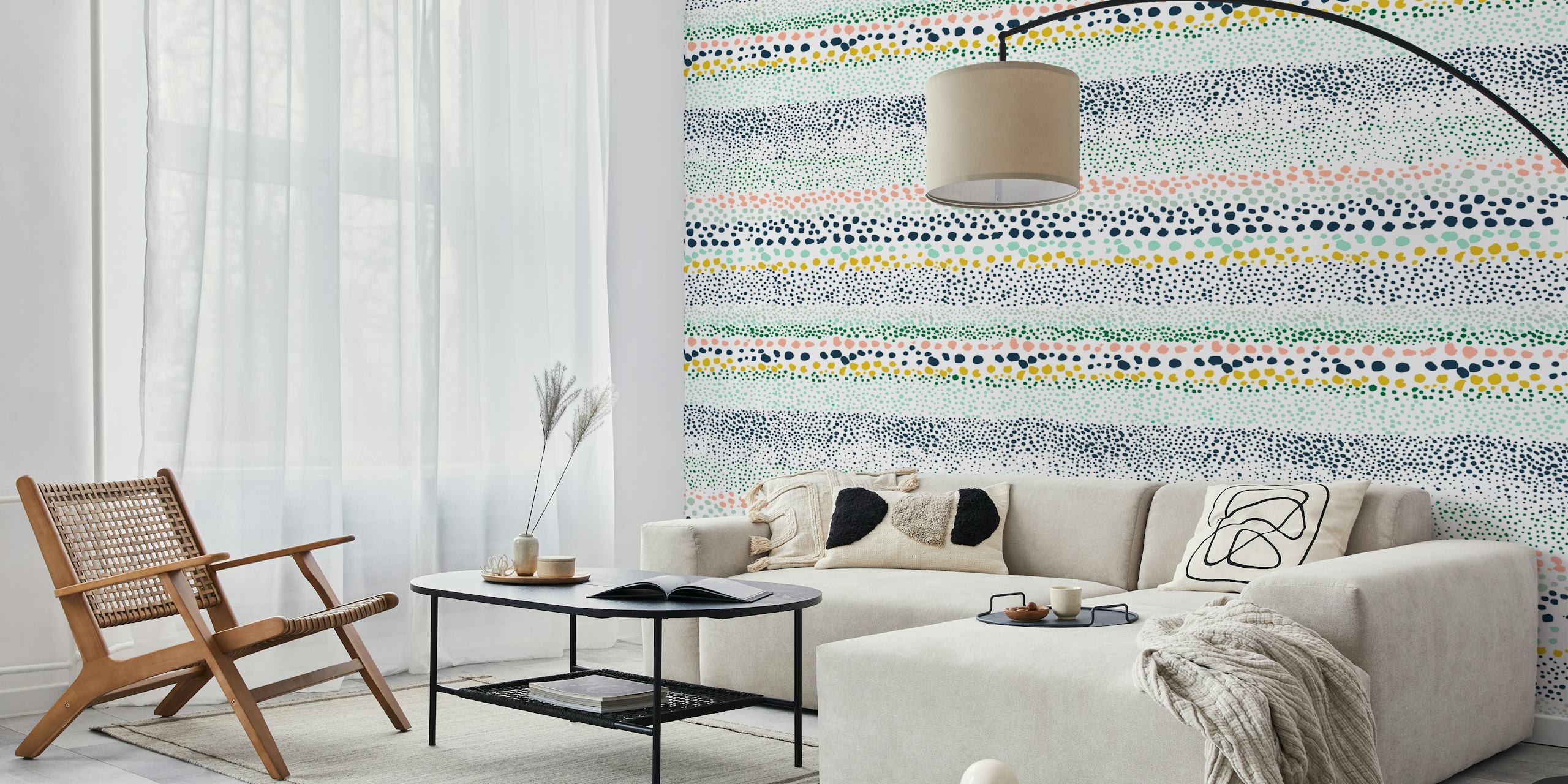 Colorful dotted pattern in stripes on white wallpaper