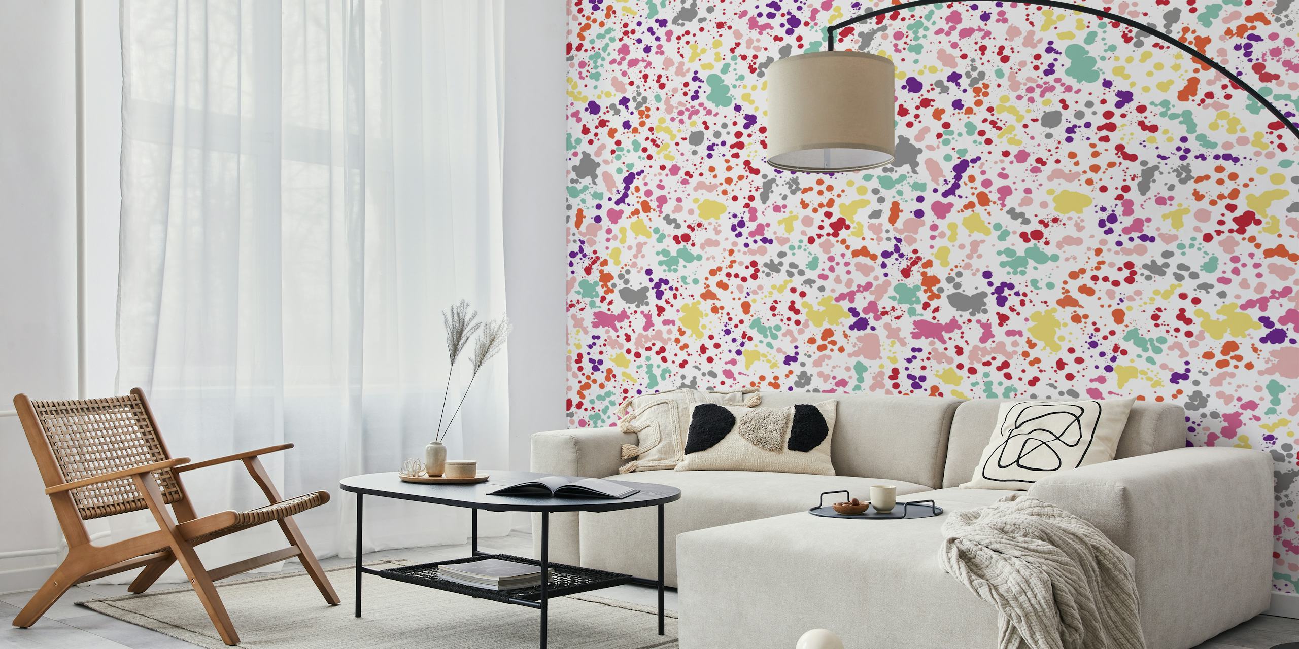 Colorful splatter wallpaper in a room