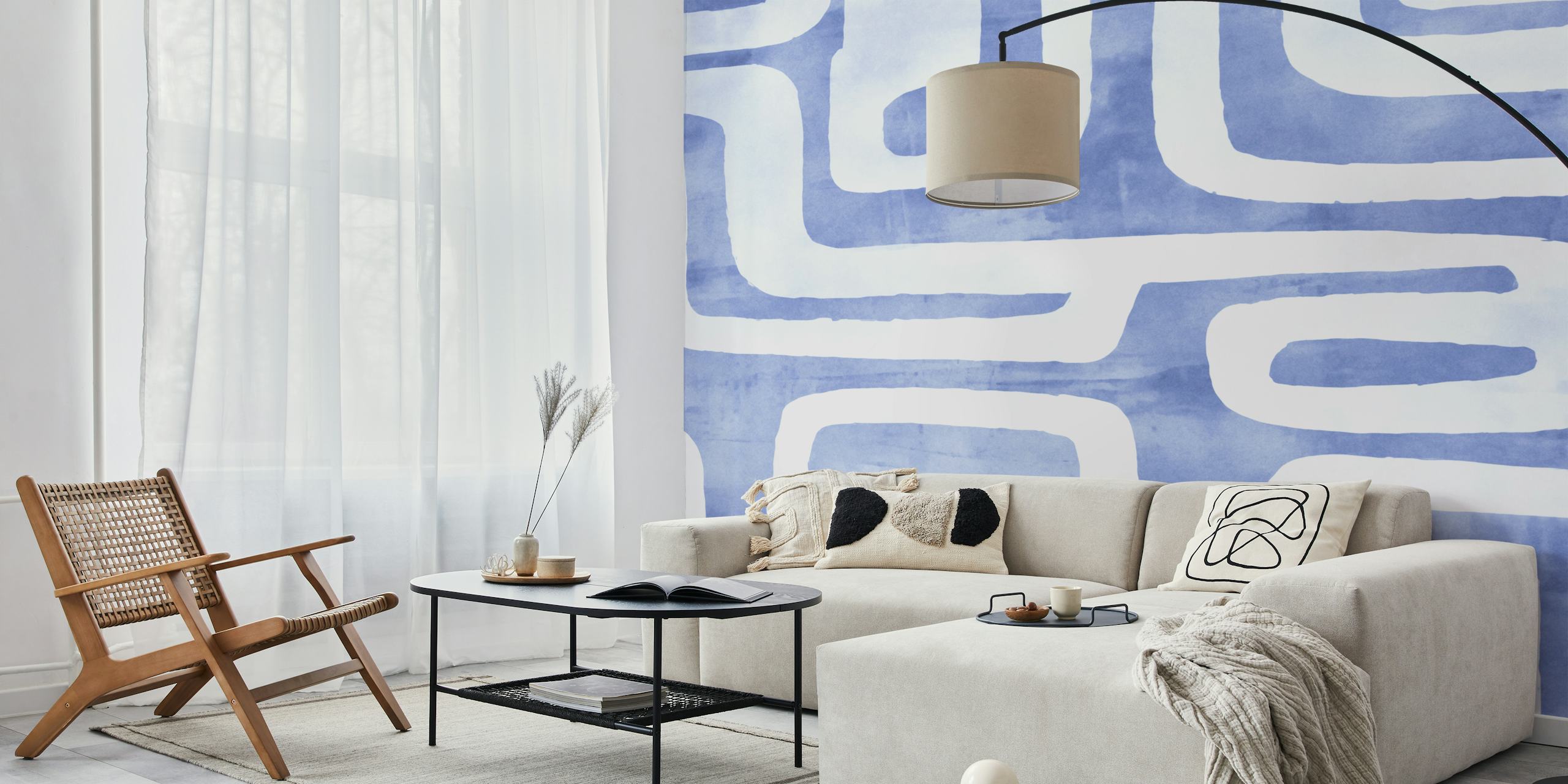Denim blå och vita tribal-inspirerade abstrakta former väggmålning