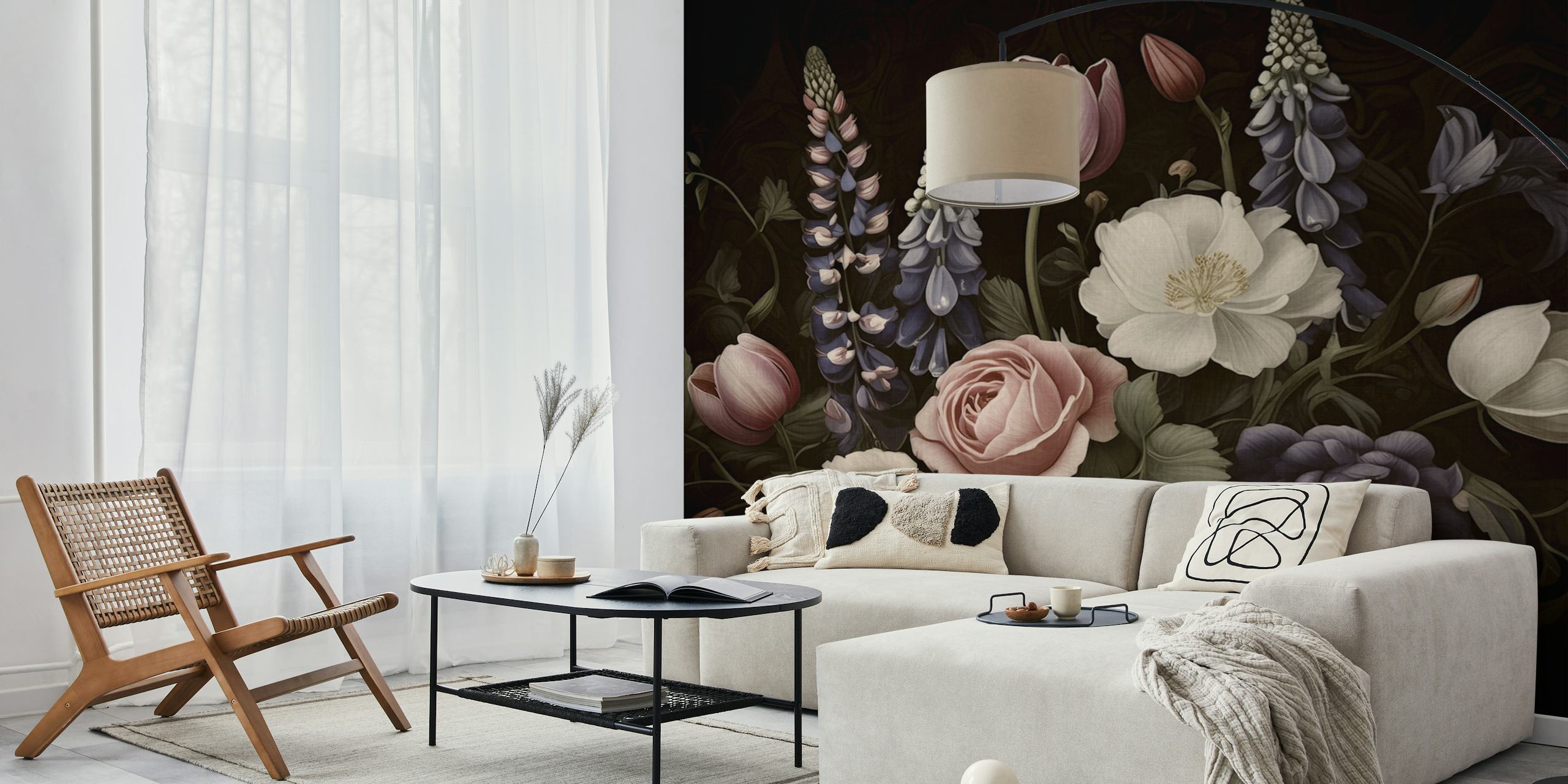 Moody baroque summer flowers wallpaper design