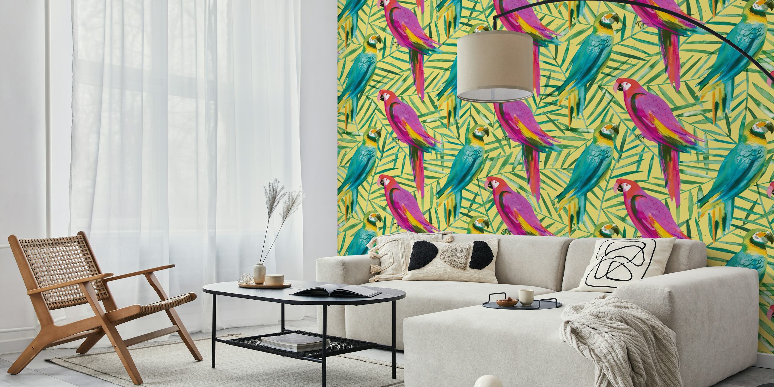 Tropical Parrots and Palms wallpaper in a room