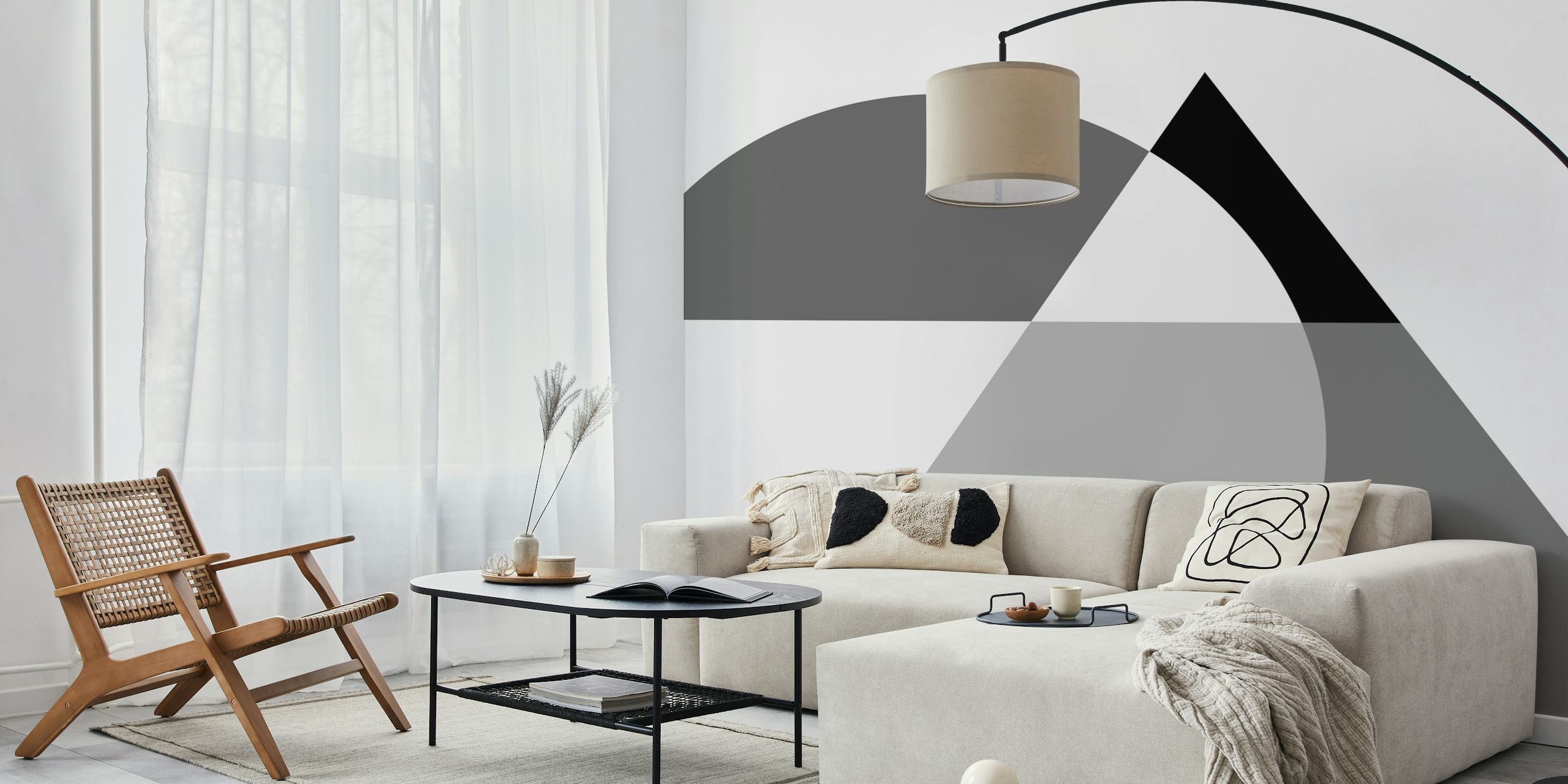 Black and white geometric abstract wallpaper in a room