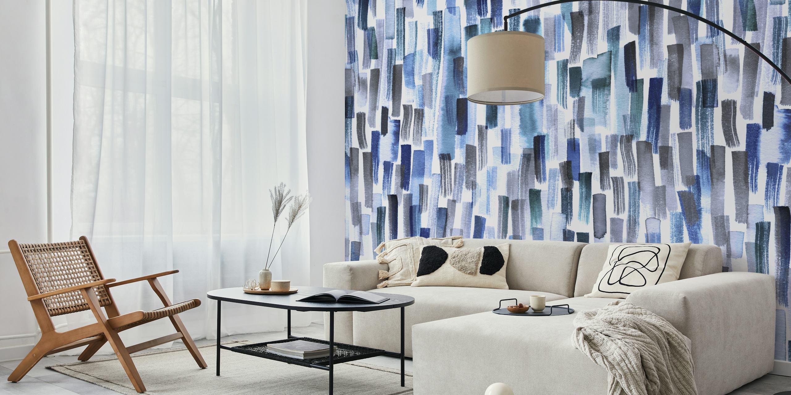 Blue and gray brushstroke patterned wallpaper