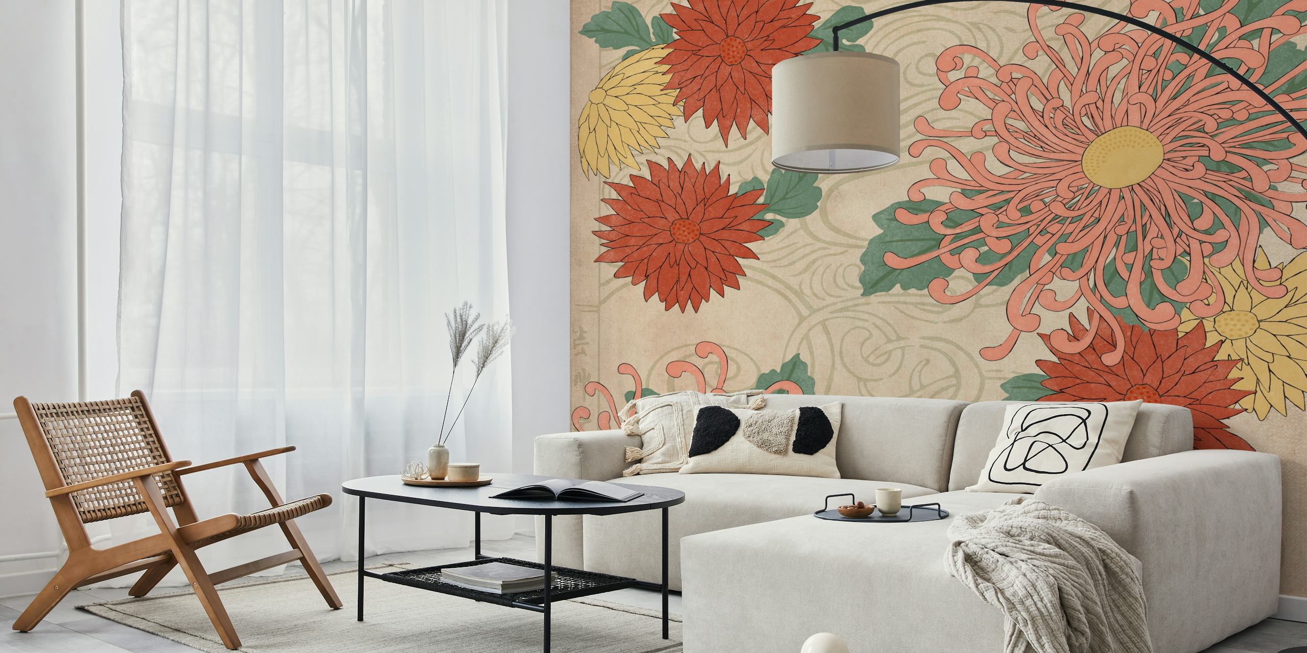 Elegancki mural z Chrysanthemum japońskim z misternym wzorem kwiatowym