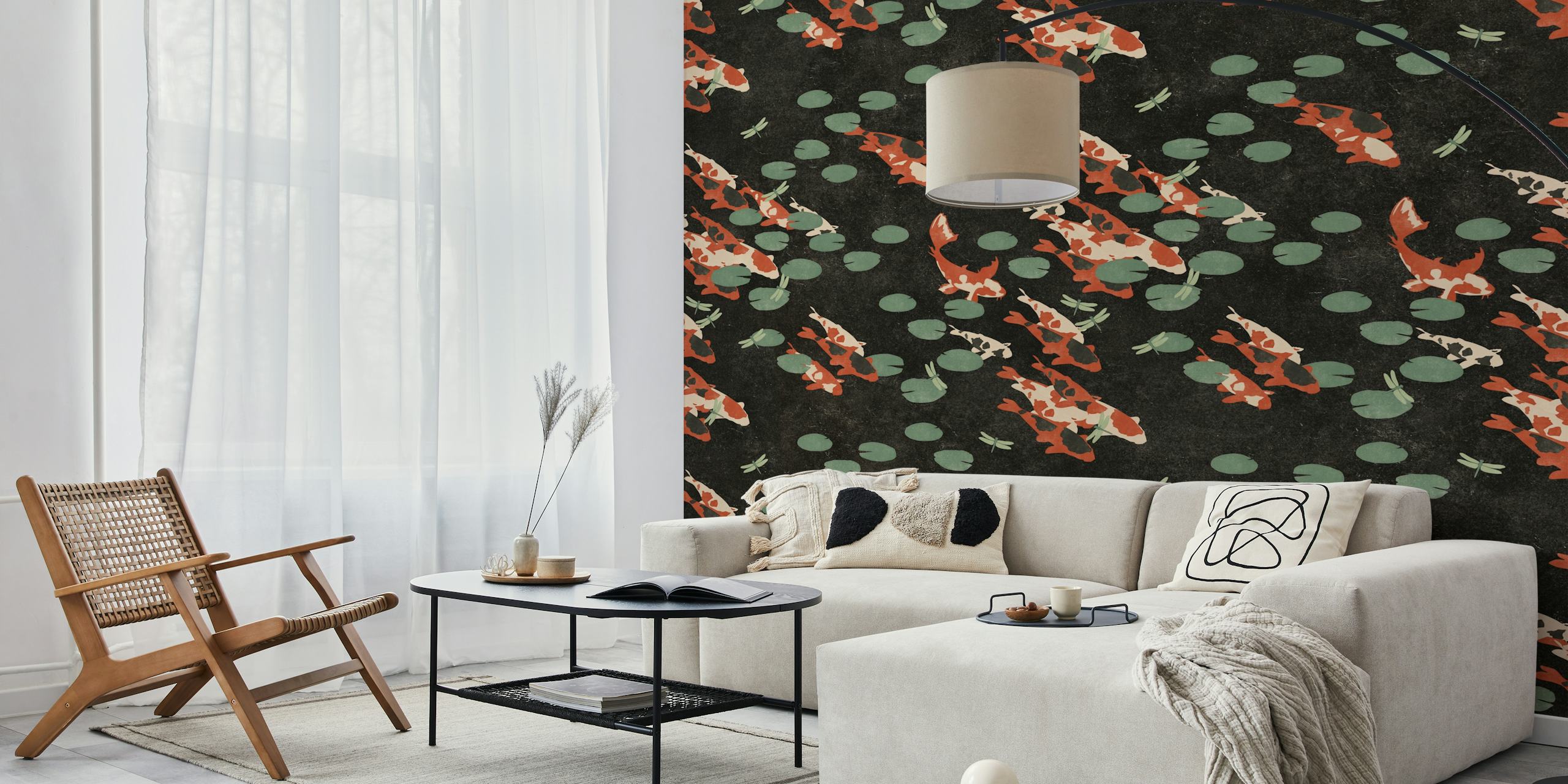 Japanese Koi fish and lotus leaves pattern wall mural on a dark background