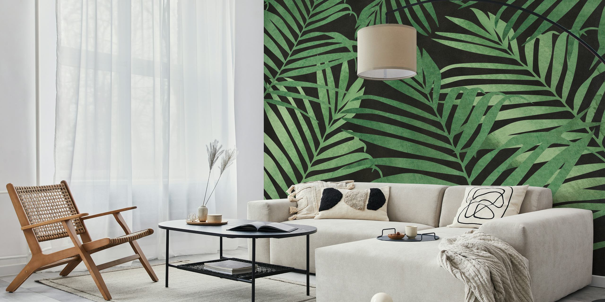 Tropical palm leaves pattern in green on black wallpaper
