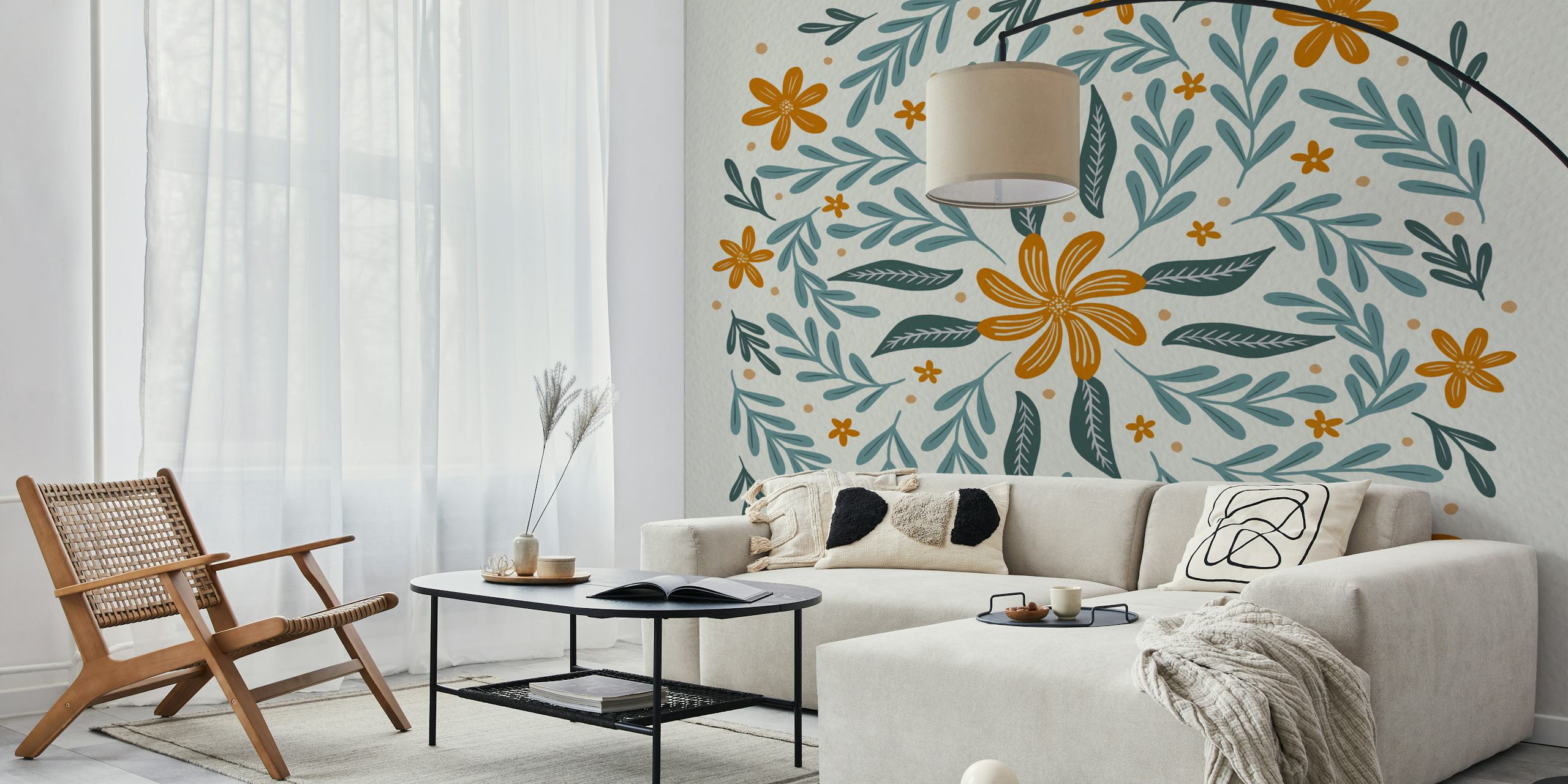 Papel de parede com flores e galhos circulares em um cômodo