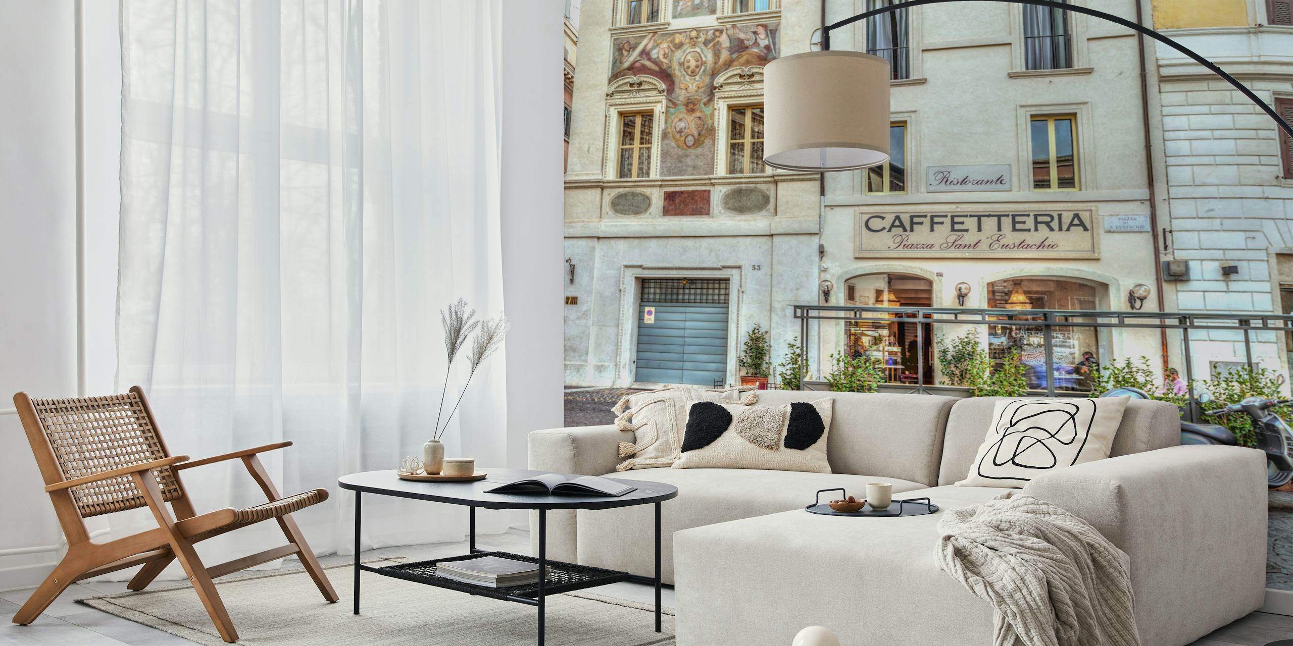 Mural de parede de um aconchegante café romano com plantas e uma Vespa