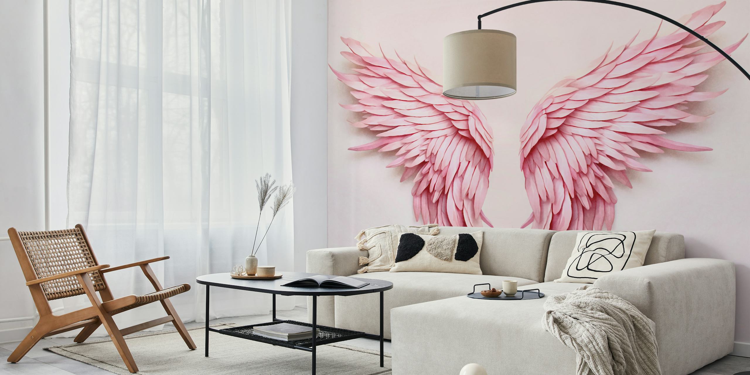 Pink angel wings wallpaper in a room