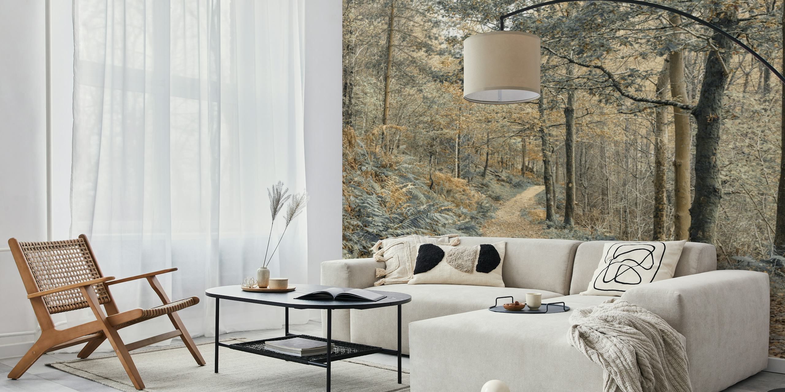 Forest trail featuring trees and foliage in soft earthy tones wallpaper