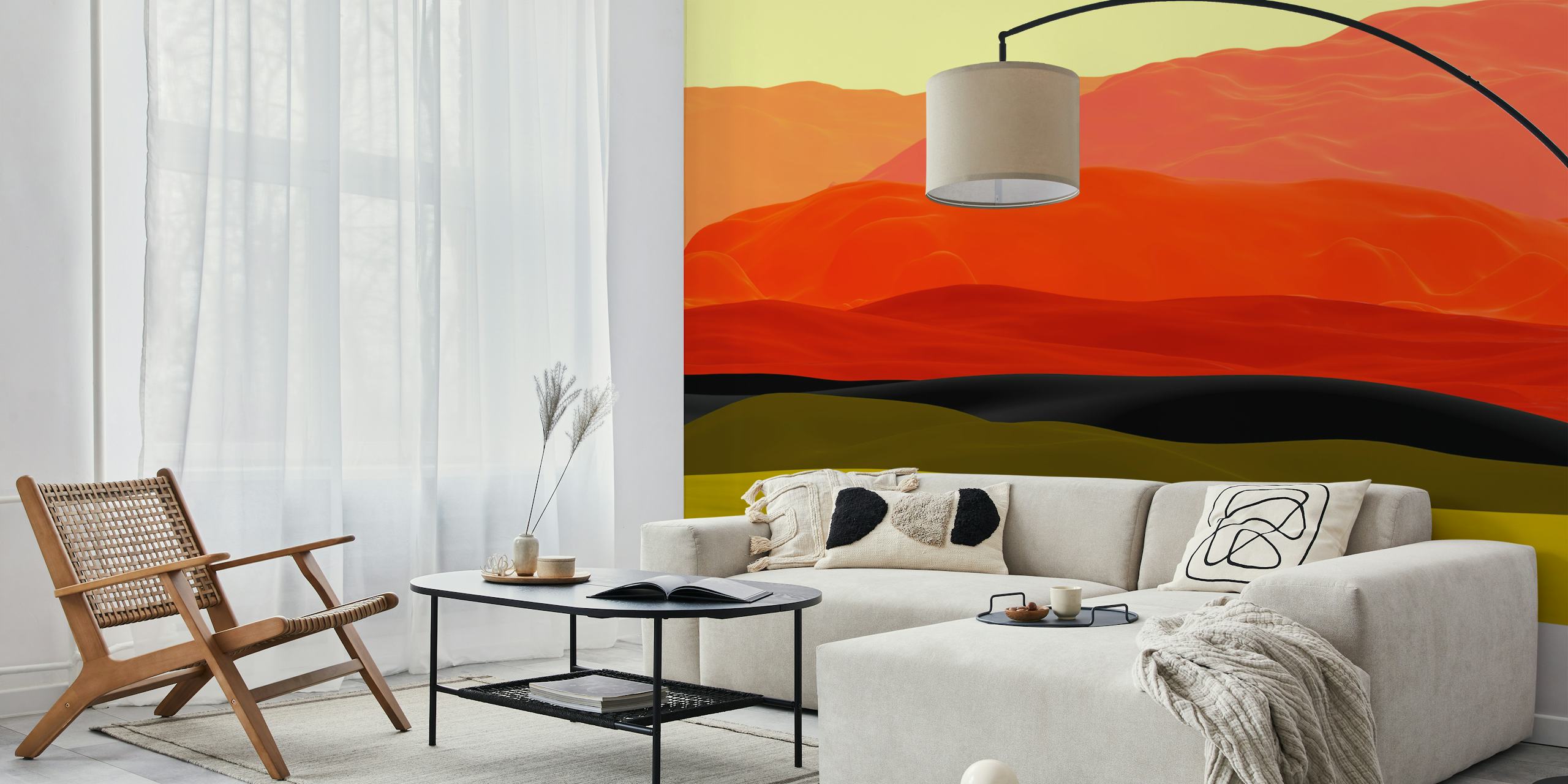 Abstract mountains design in red, yellow, black, and white wallpaper