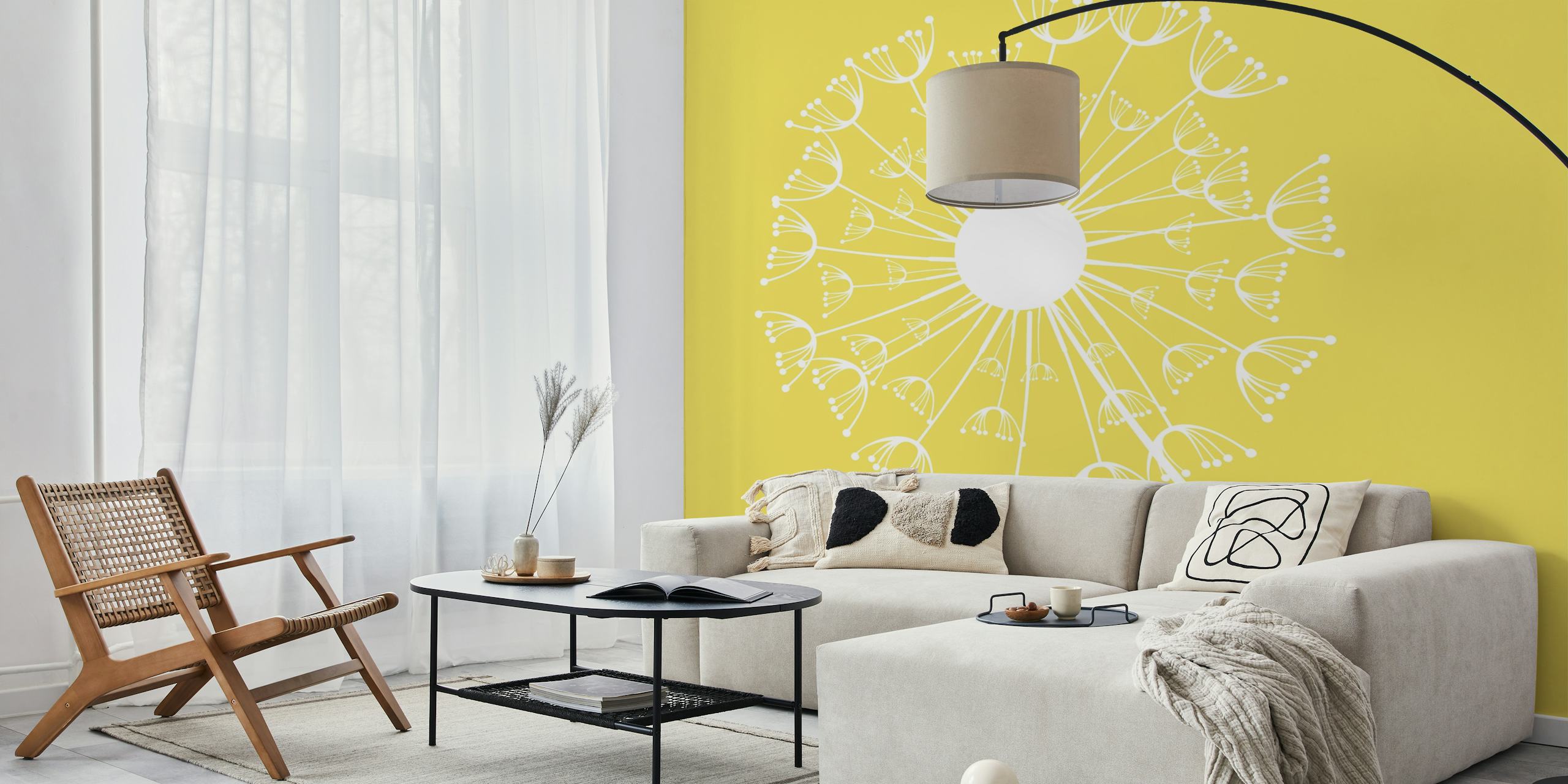 White dandelion illustration on yellow background wallpaper