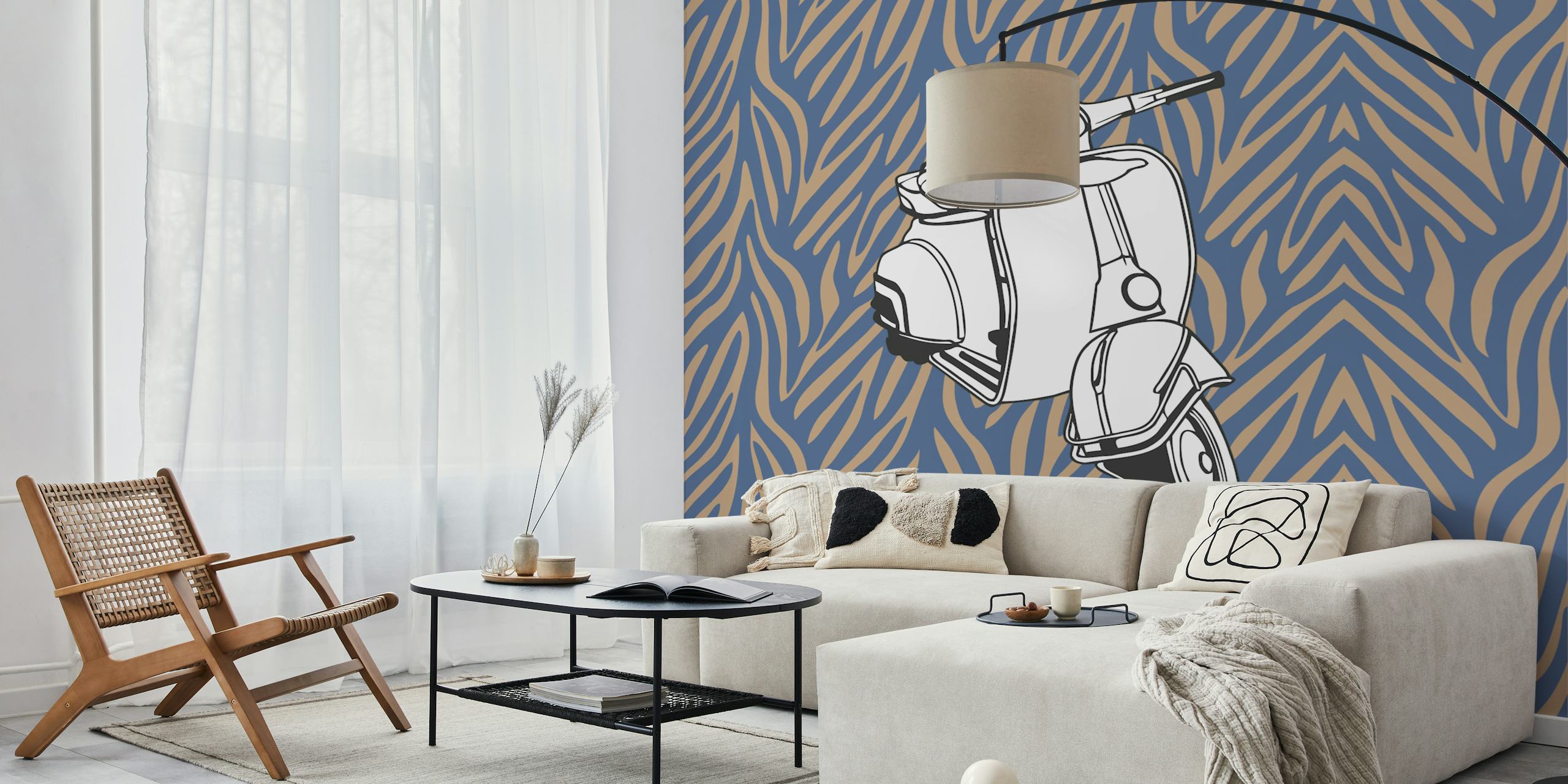 Monochrome taupe blue zebra vespa papel de parede em um quarto