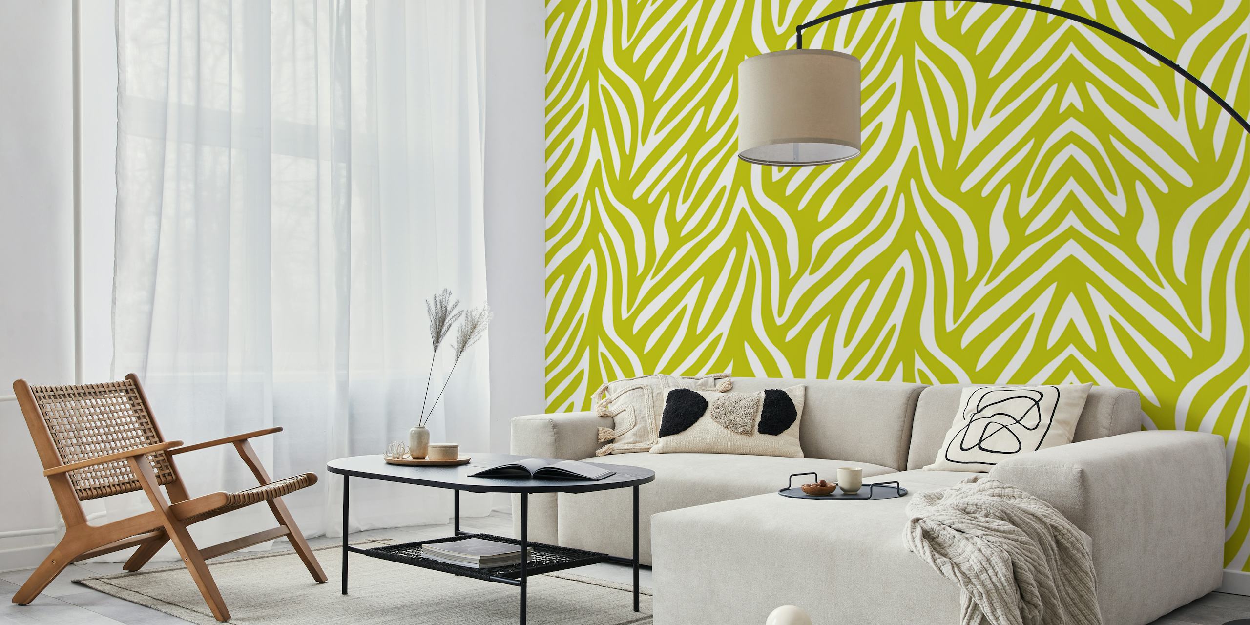 Lime green zebra print wallpaper in a room