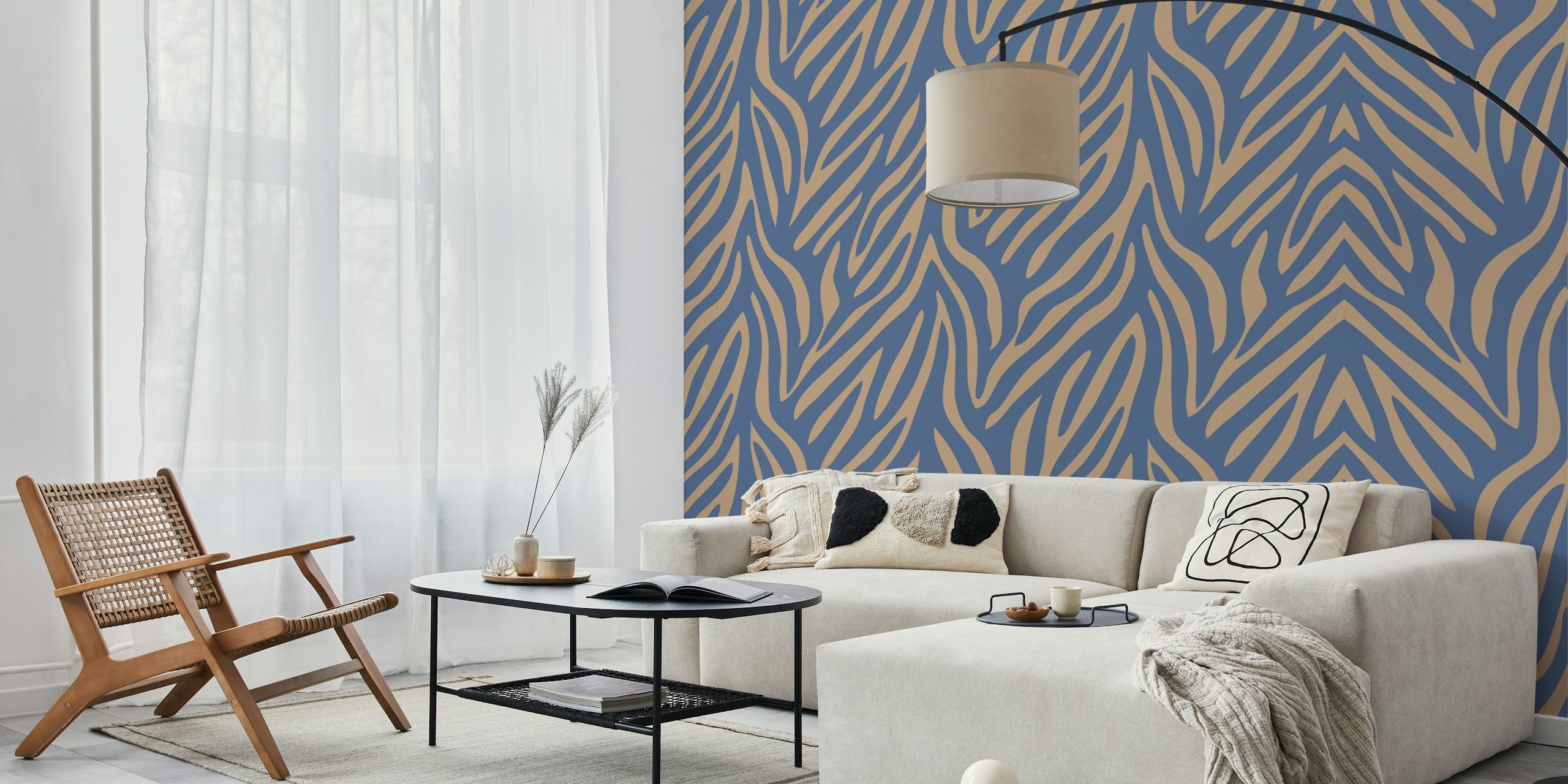 Taupe beige navy blue zebra print wallpaper in a room