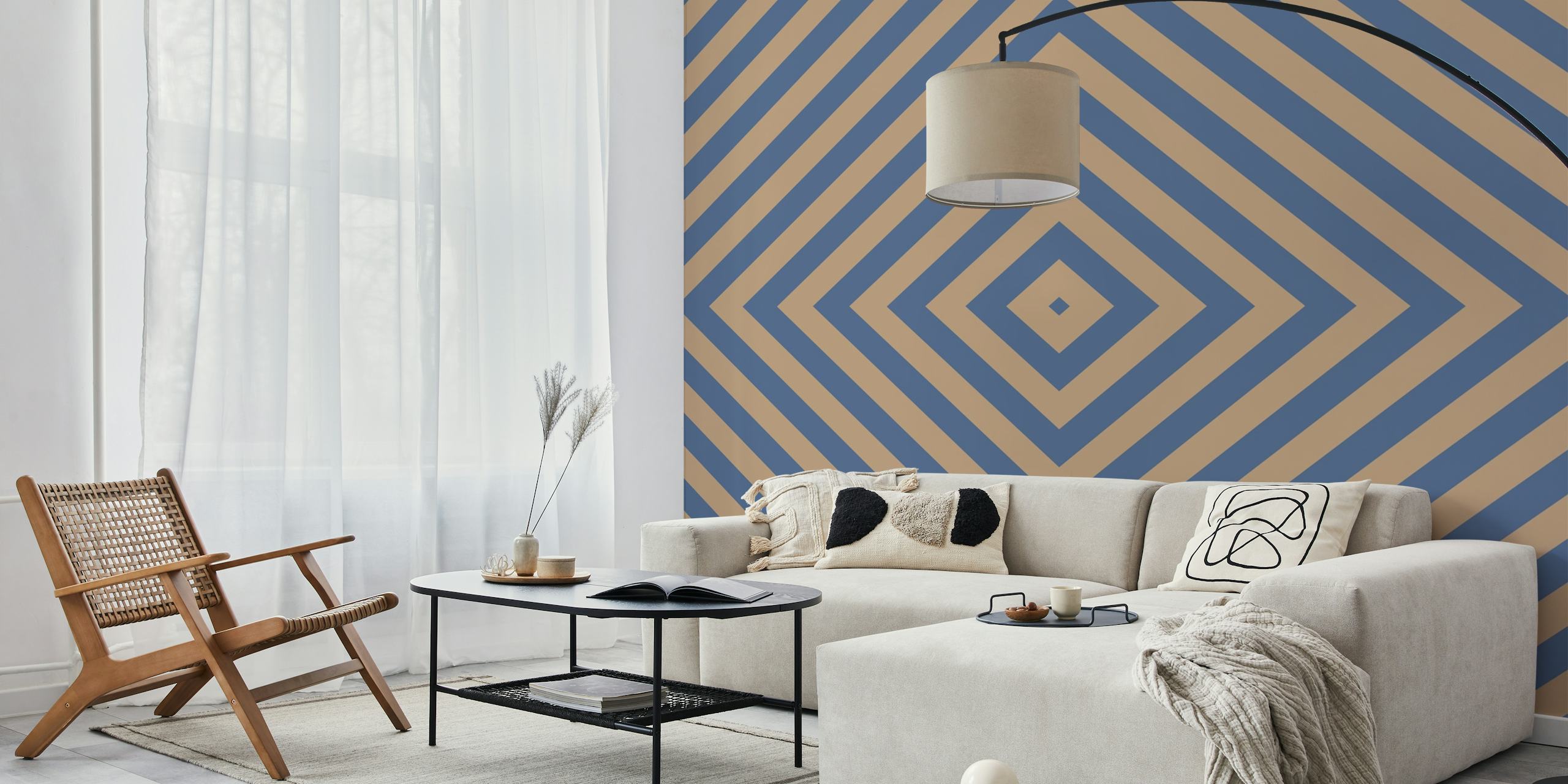 Ταπετσαρία Taupe beige και navy blue illusion σε ένα δωμάτιο