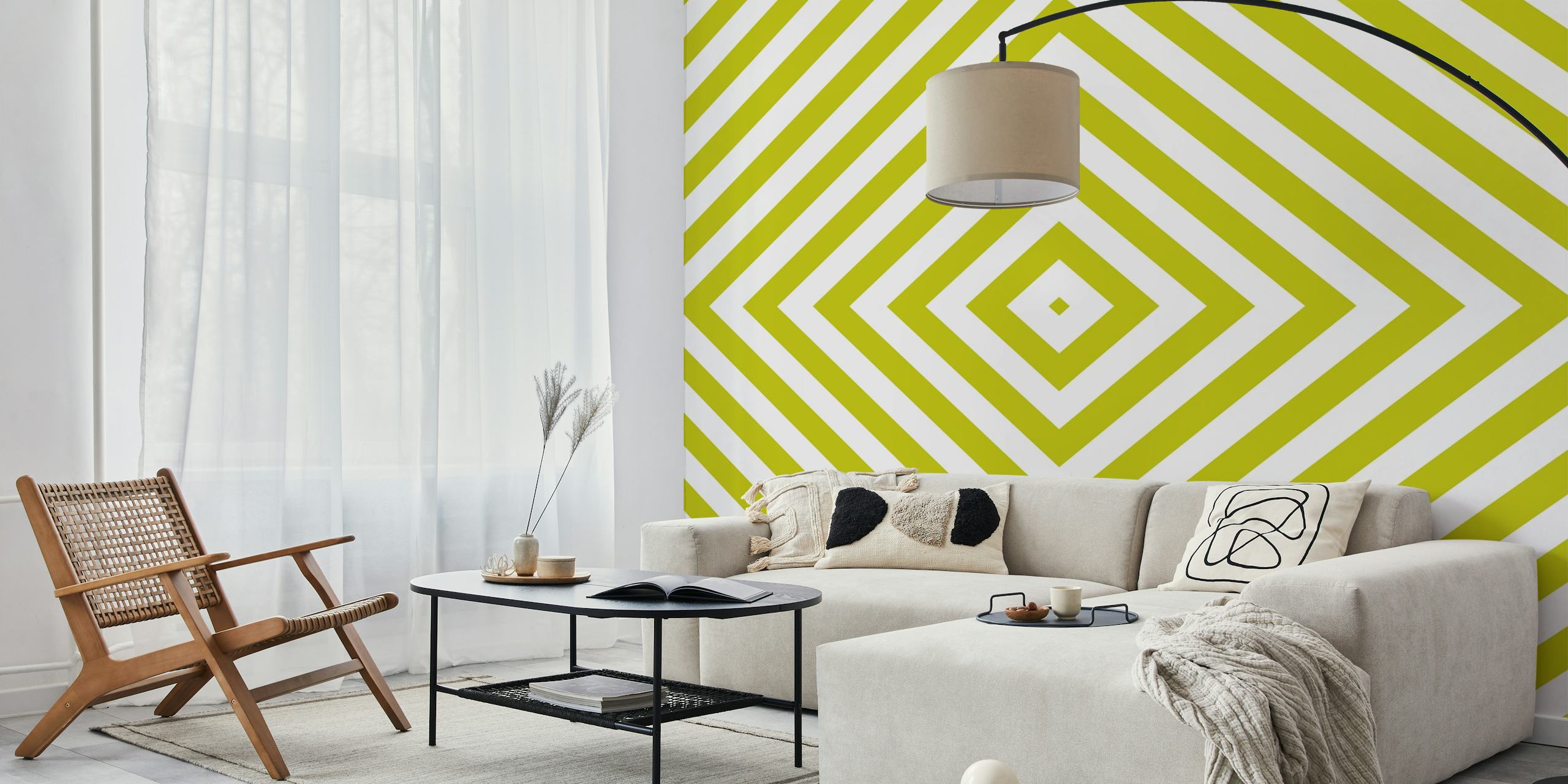 Lime green white square illusion papier peint sur le mur
