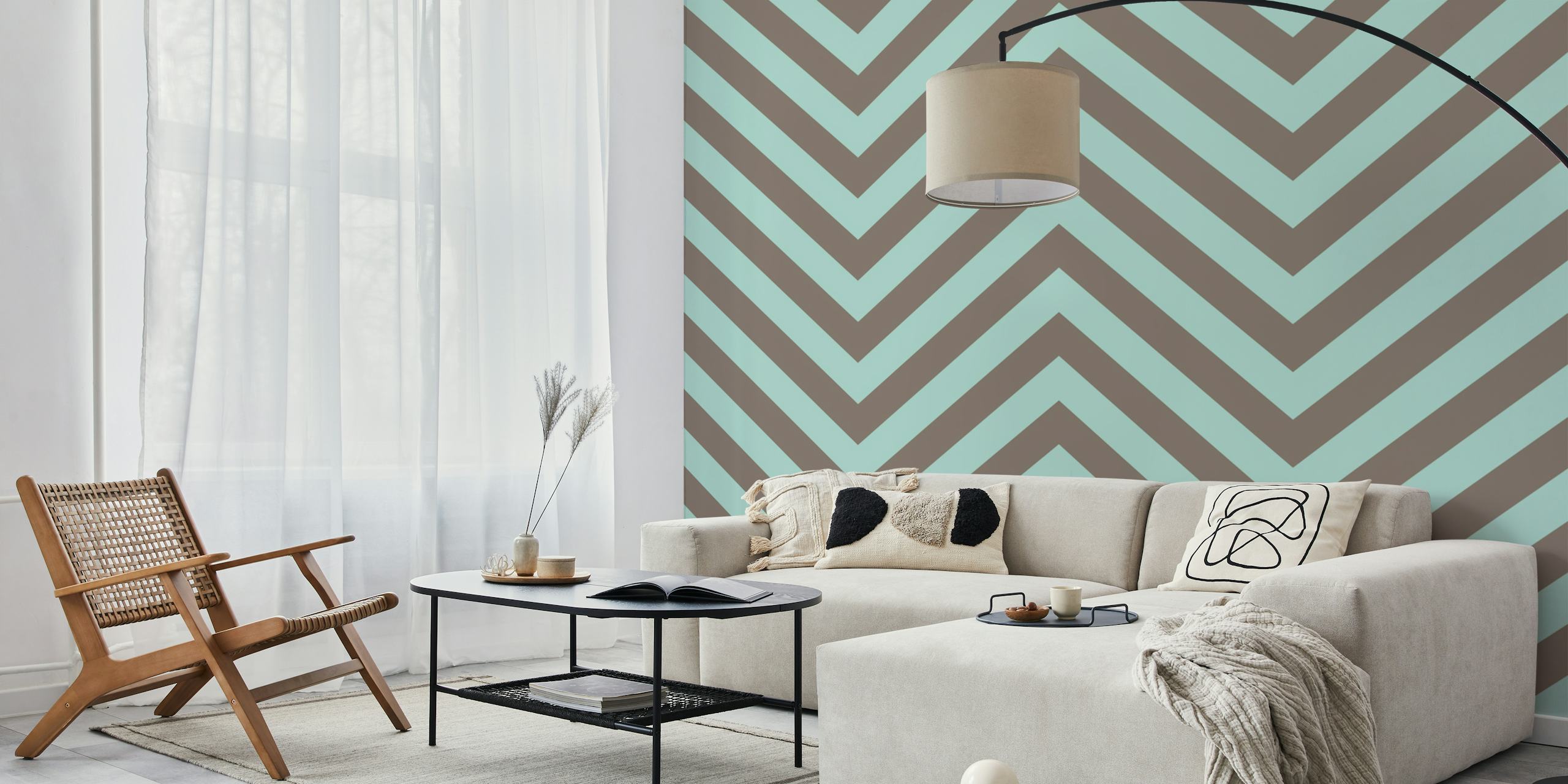Aqua blue and beige chevron pattern wallpaper