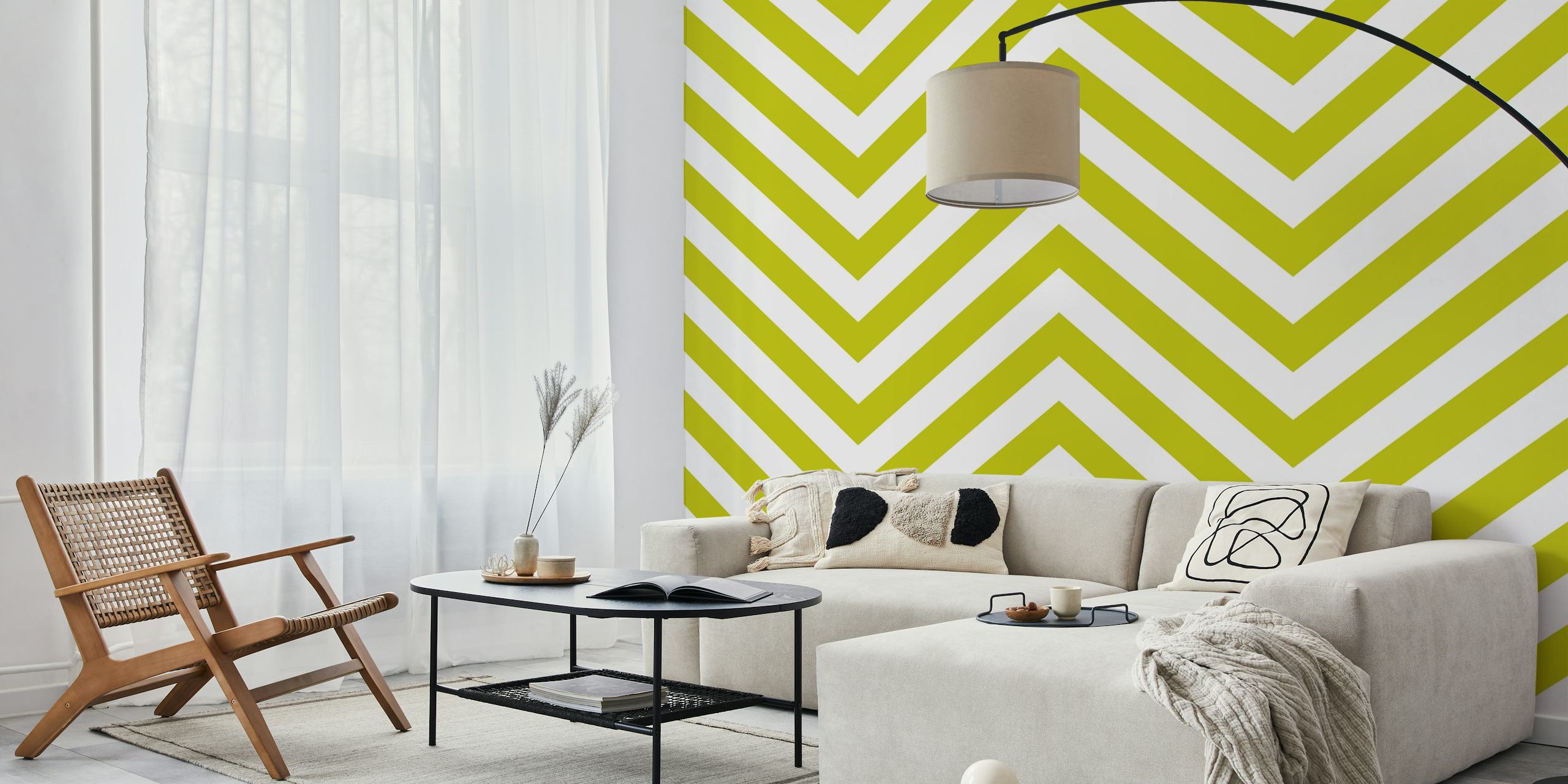 Avogado green chevron striped wallpaper in a room