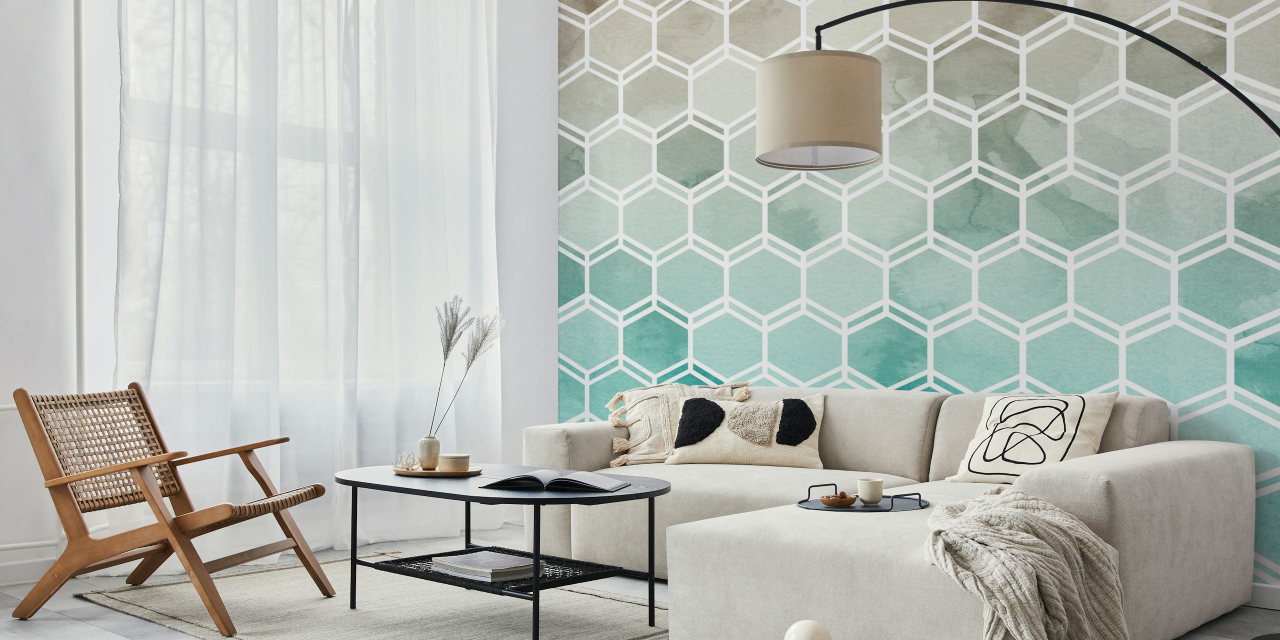 Honeycomb grey to aqua wallpaper in a room