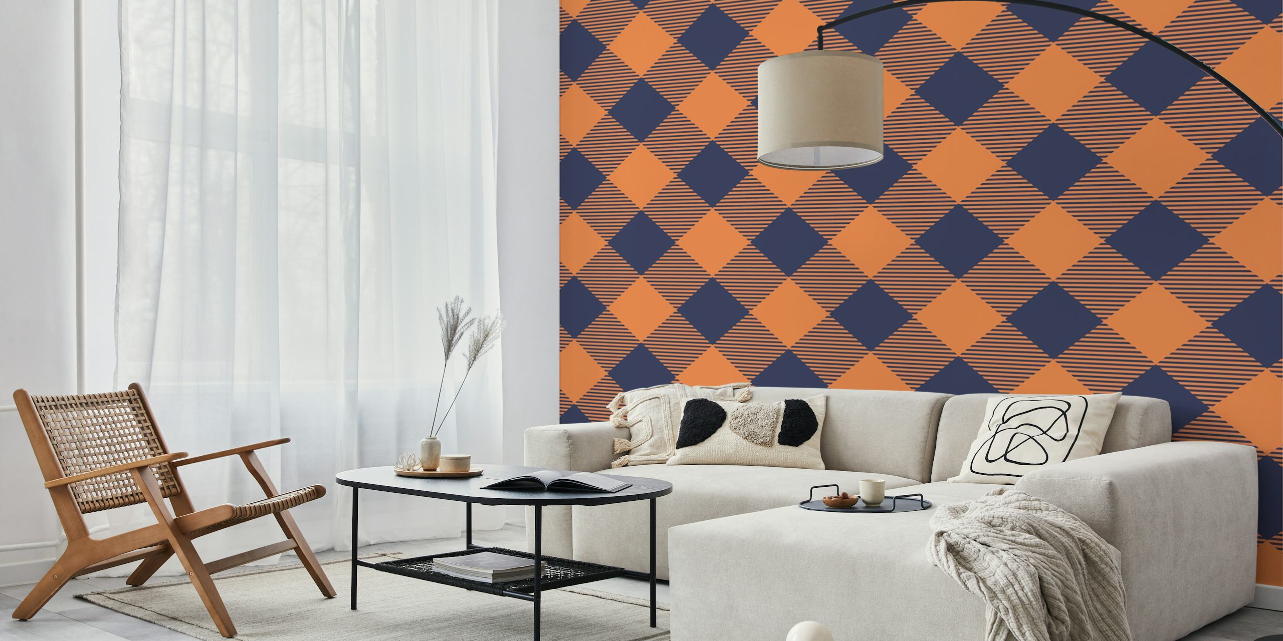 Dark blue and orange gingham pattern wallpaper