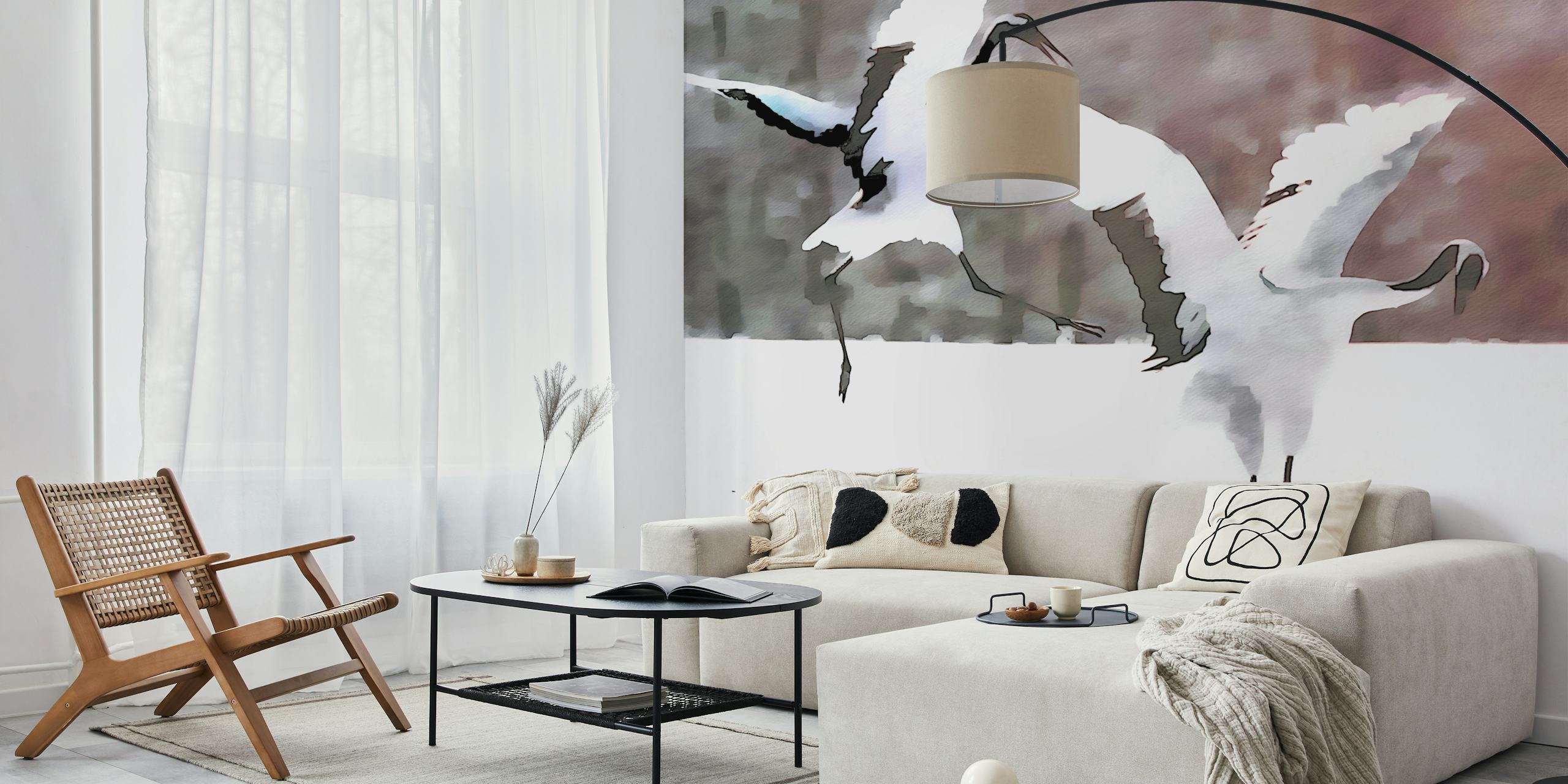 Two white cranes in watercolor style, soft pastel colors, nature themed wallpaper