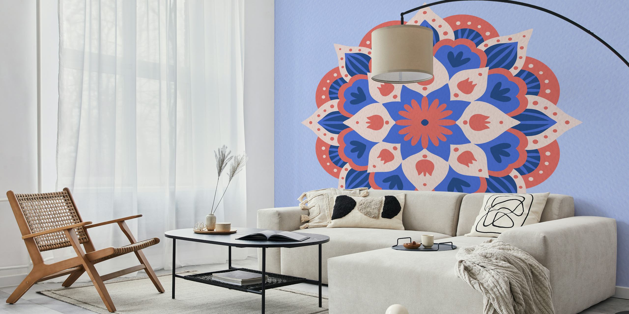 Modern dahlia mandala wallpaper in red and blue